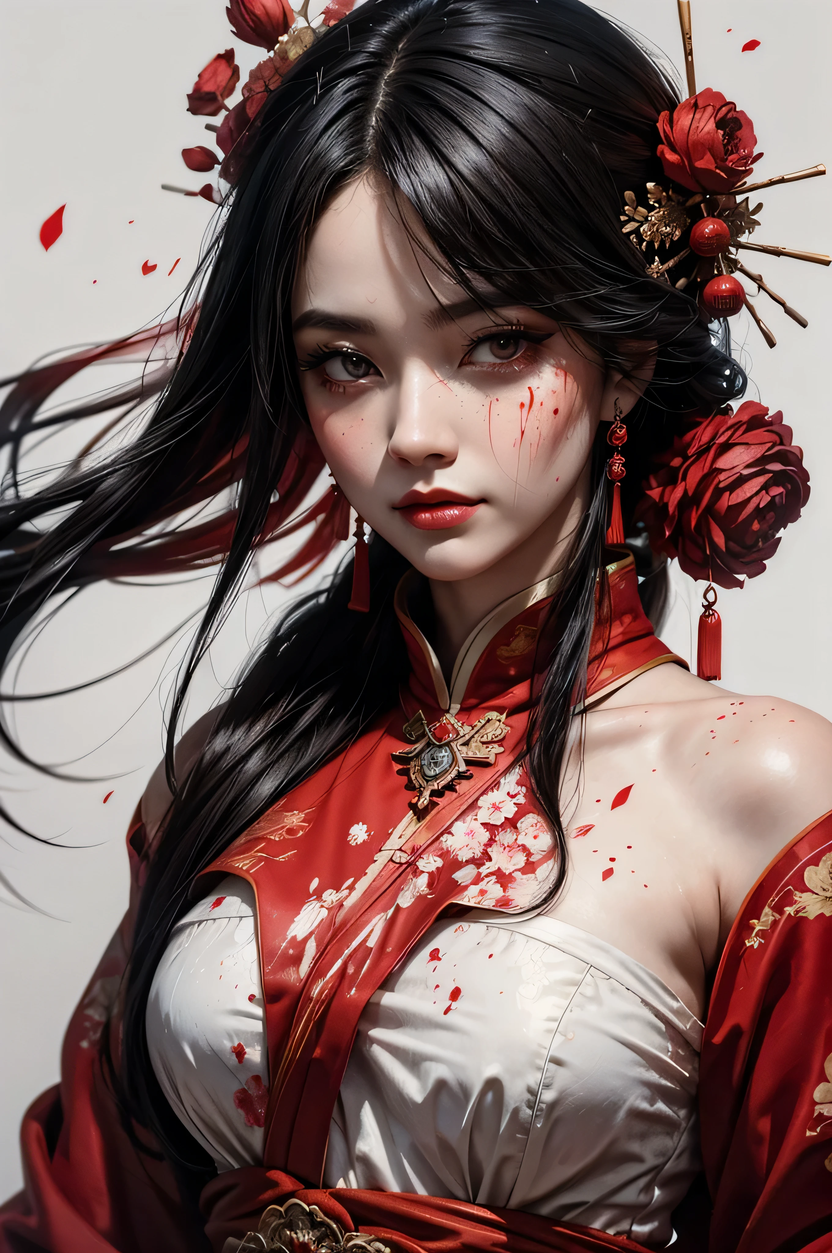 a painting of a woman in red with black hair, im Stil zarter Tuschewaschungen, epische Fantasy-Szenen, Chinese painting, bespritzt/tropfte, White background, traditional costumes, soft focus lens --ar 73:98 --stilize 750 --v 6