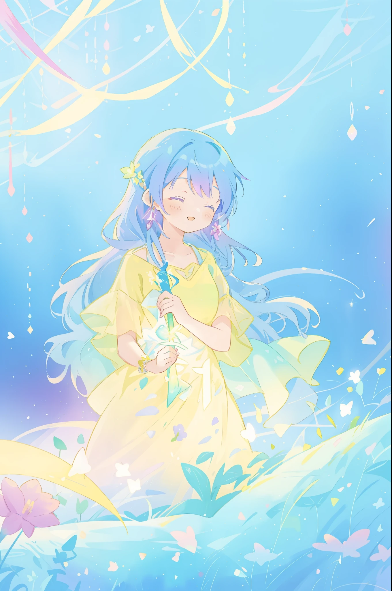 beautiful girl in yellow mint gradient flowing dress, long flowing blue purple hair, colorful fantasia background, vibrant bright colors, watercolor illustration, disney art style, glowing aura around her, glowing lights, beautiful digital illustration, fantasia otherworldly landscape plants flowers, beautiful, masterpiece, best quality, anime disney style