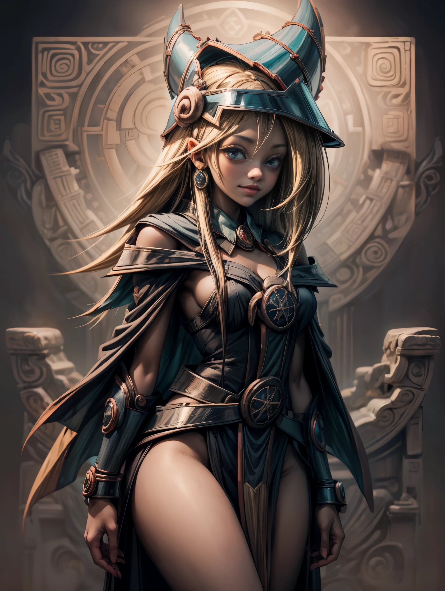 25 year old woman is Dark magician gils Mayan version she is standing, Magic hearts background. Sonrisa en sus labios. Ojos celestes. blond hair. ruinas mayas . Un ave quetzal vuela a su alrededor
