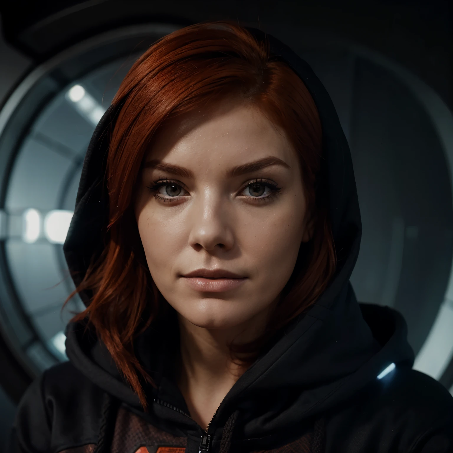 Red head femshep, wearing hoodie, cozy comfortable, closeup portrait, scifi background, wearing makeup