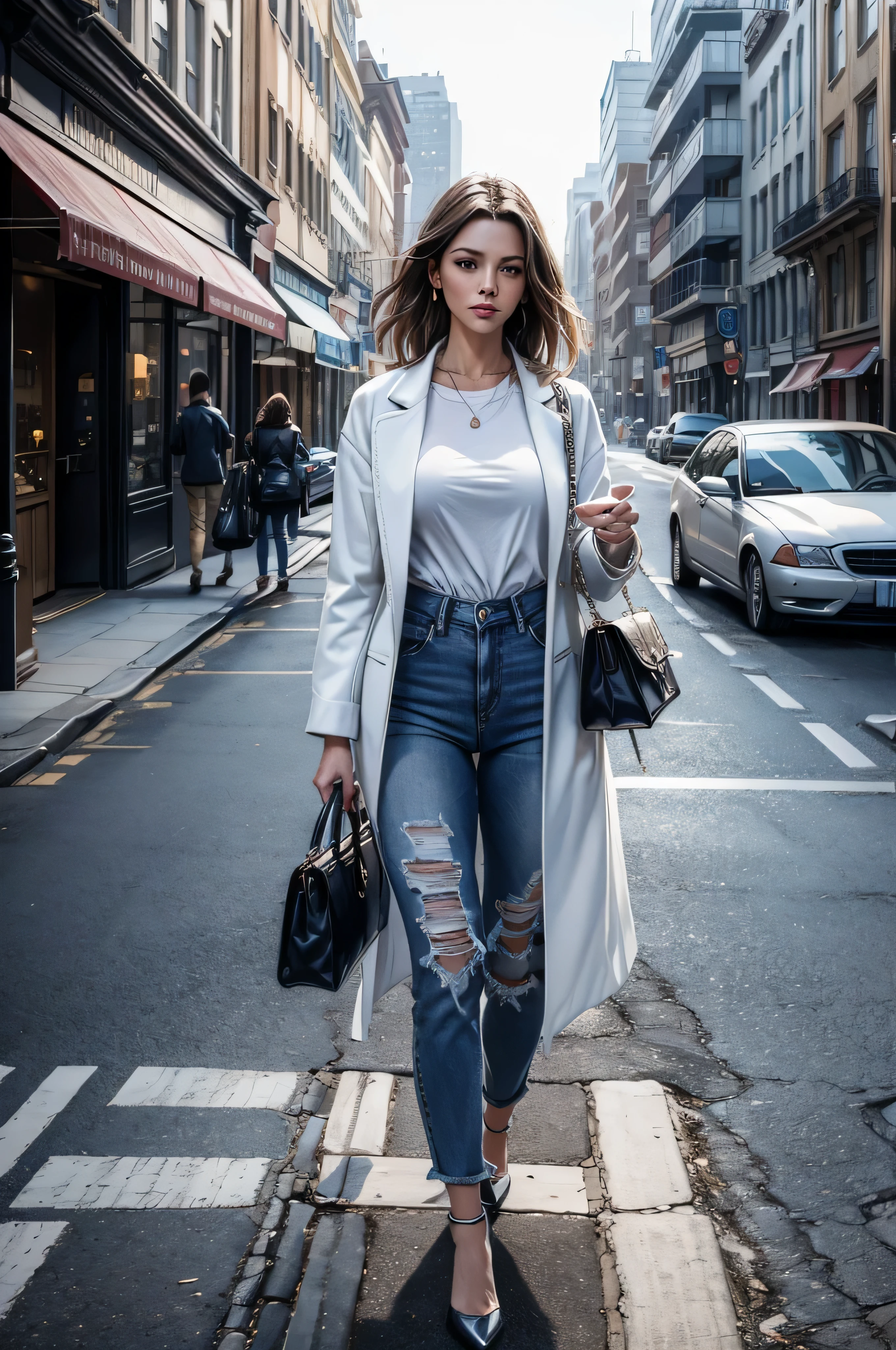 Das Bild zeigt eine Frau, who walks down a street with a handbag in her hand. She is wearing a white shirt and blue jeans, und sie scheint einen Mantel zu tragen. The woman walks past a building, und im Hintergrund ist ein Auto zu sehen. The scene captures a typical day in an urban environment, while the woman goes about her daily activities.