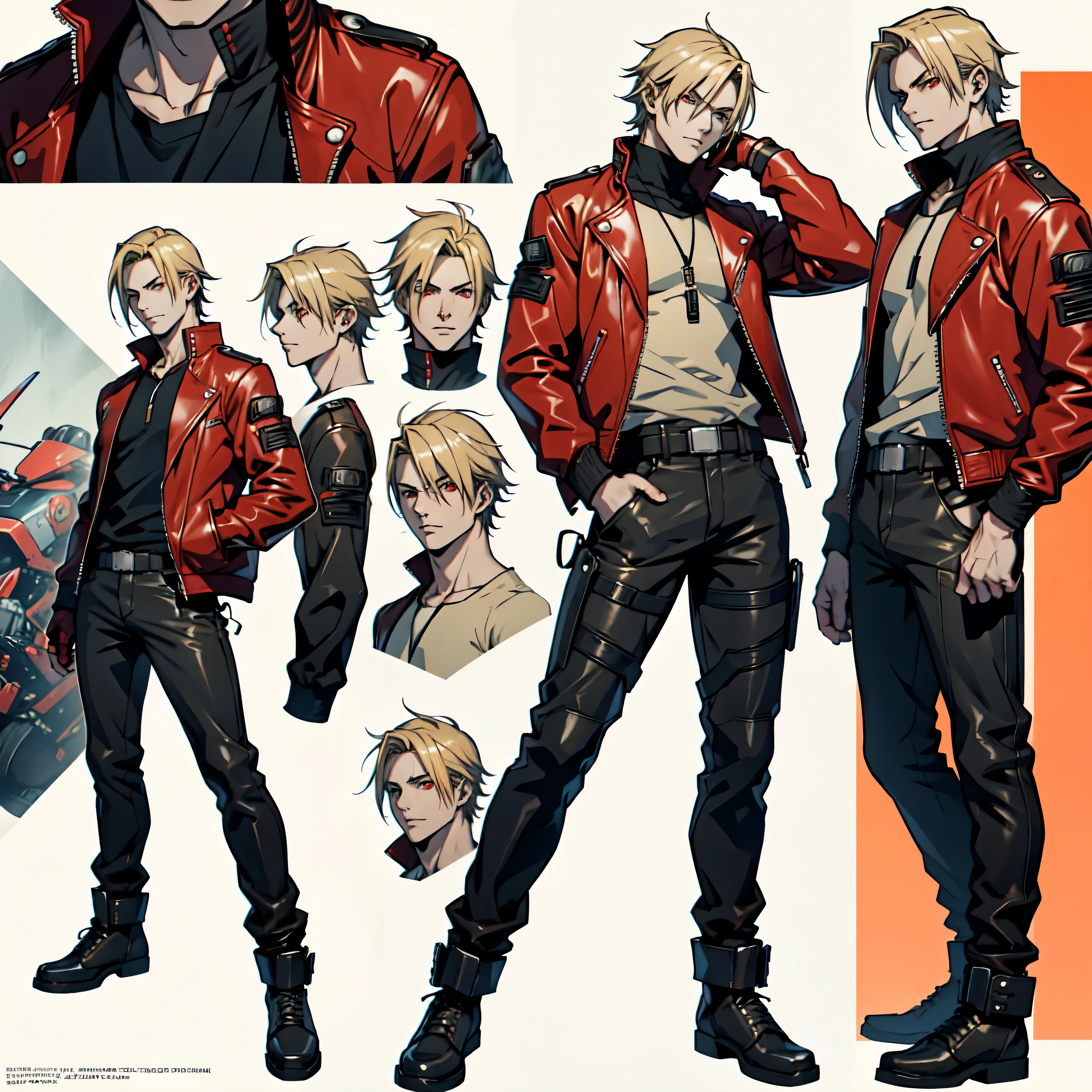 ((anime hadnsome young man with a red leather jacket)), ((light blonde hair)), (pale skin), motorbike racer, black shirt, Leon Kennedy, beige pants with black strip in the side, red eyes, anime cyberpunk character, gloves, anime character sheet, character concept, character walking, full body concept, fighter pose, single character full body, male protagonist 👀 :8, anime style character, anime character, fighting game character,