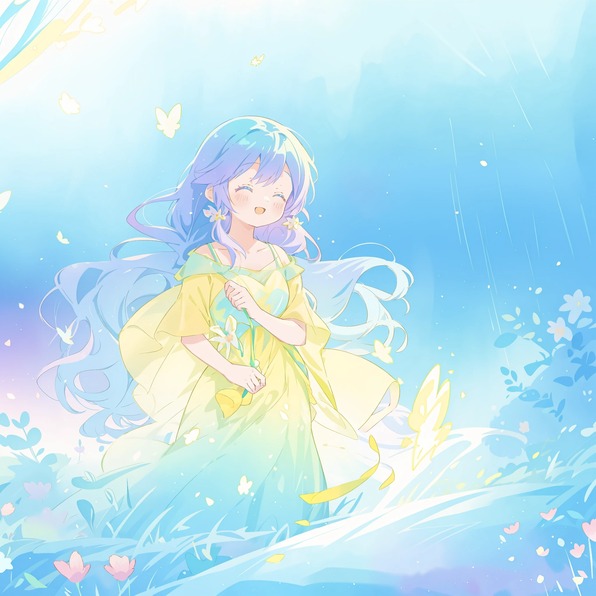 beautiful girl in yellow mint gradient flowing dress, long flowing blue purple hair, colorful fantasia background, vibrant bright colors, watercolor illustration, disney art style, glowing aura around her, glowing lights, beautiful digital illustration, fantasia otherworldly landscape plants flowers, beautiful, masterpiece, best quality, anime disney style