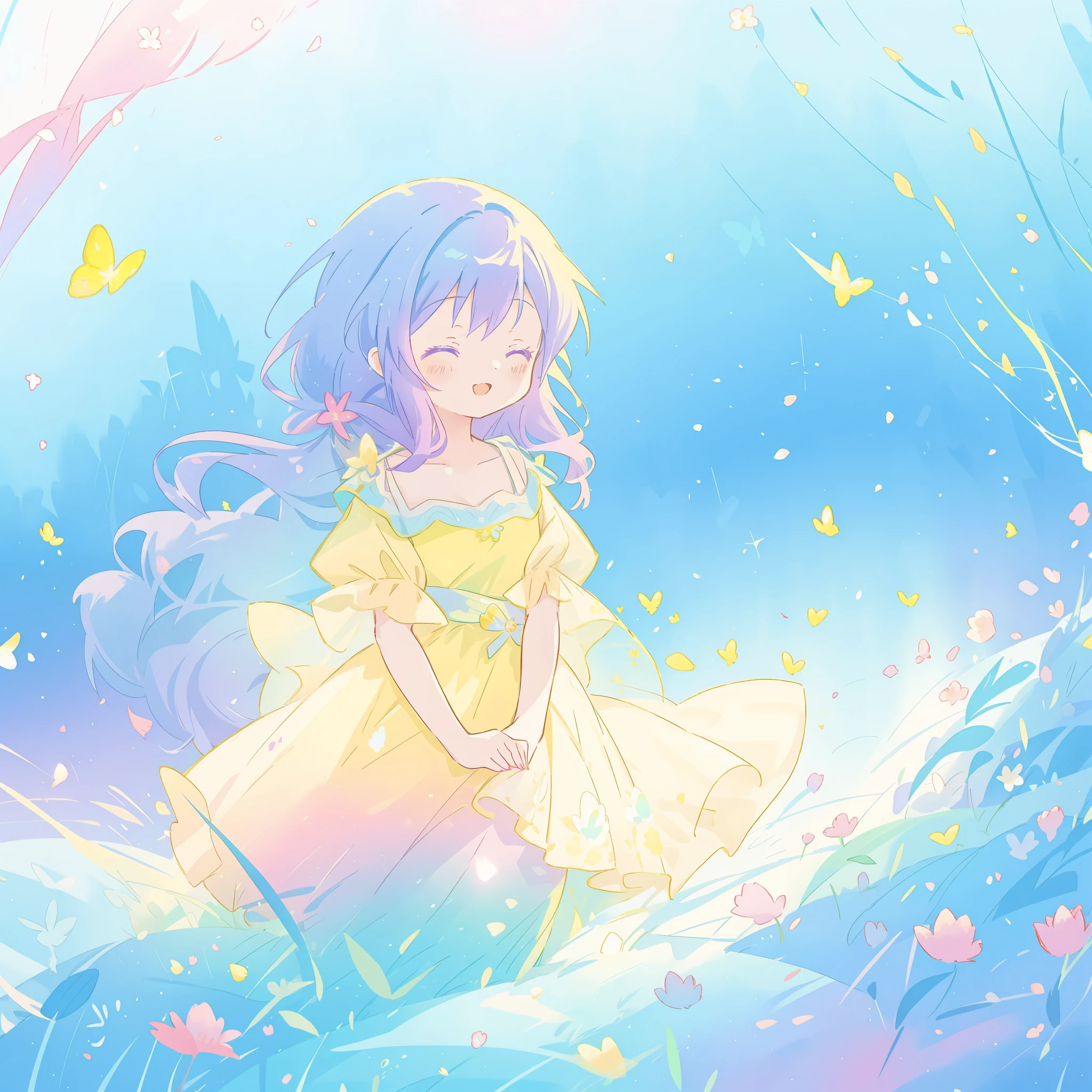 beautiful girl in yellow mint gradient flowing dress, long flowing blue purple hair, colorful fantasia background, vibrant bright colors, watercolor illustration, disney art style, glowing aura around her, glowing lights, beautiful digital illustration, fantasia otherworldly landscape plants flowers, beautiful, masterpiece, best quality, anime disney style