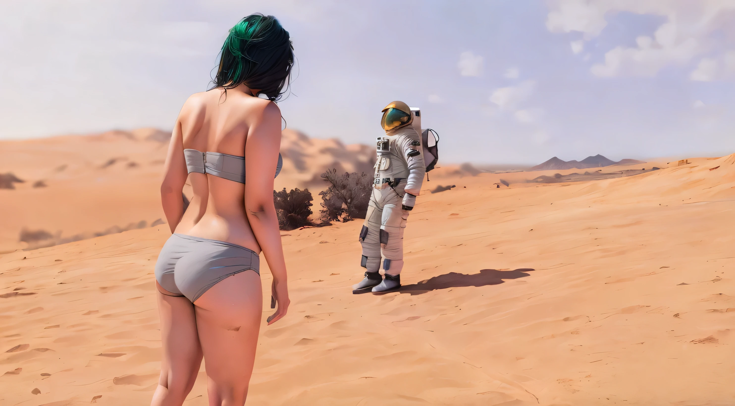 ((masterpiece, best quality)), ((25 year old)), (((Curvy))), (Caucasian woman with green messy hair), in grey strapless bra, ((grey cotton panties)), ((standing in the desert on an alien planet)), (Female astronaut standing in the background, (back towards the camera), (((realistic art style)))