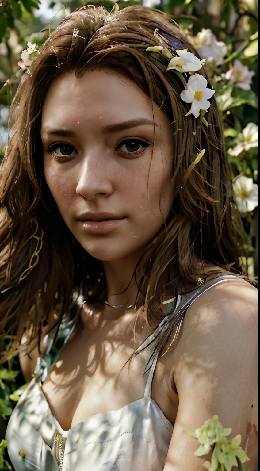 A girl in a garden, oil painting, beautiful detailed eyes, beautiful detailed lips, extremely detailed eyes and face, long eyelashes, flowing dress, flowing hair, joyful expression, surrounded by blooming flowers, vibrant colors, warm sunlight, peaceful atmosphere, masterpiece:1.2, professional, vivid colors, botanical garden-themed, soft and dreamy color palette, gentle and natural lighting.