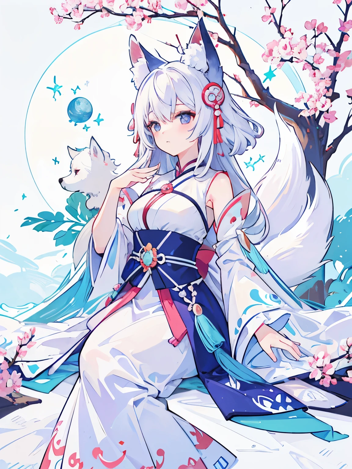 There is a very large moon in the background，unter den Sternen, a fox with white hair sits on a branch，junge Erwachsene，girl, rosane Kleidung，aesthetic fox，nine-tailed fox，Dreamy，Millennium Fox Demon，Onmyoji detaillierte Kunst，a beautiful artwork illustration，Fabelwesen，white fox，Beautiful digital artwork，Kirschblütenbaum, Sky blue pink and purple colored