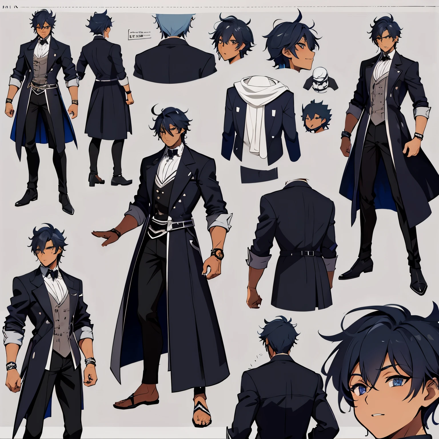 a detailed anime male, full body, front view, side view, sketch, model sheet, t pose, idle pose, no perspective, 2D, anatomy, no pose