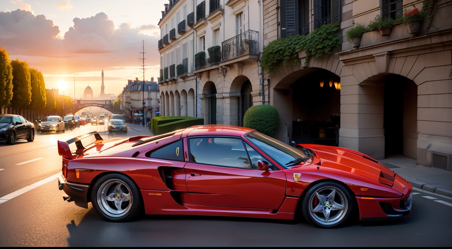 Une Ferrari F40 rouge roule avec élégance dans paris sans fin jusqu'au coucher du soleil. Le soleil du soir baigne les environs d'a warm light, tandis que le conducteur tient fermement le volant. The scene breathes speed, elegance and tranquility and shows the beauty of the moment.The sunset is a little less bright.On peut observer de beaux batiments haussemanien et la photo ressemble à une photo de passionné d'automobile