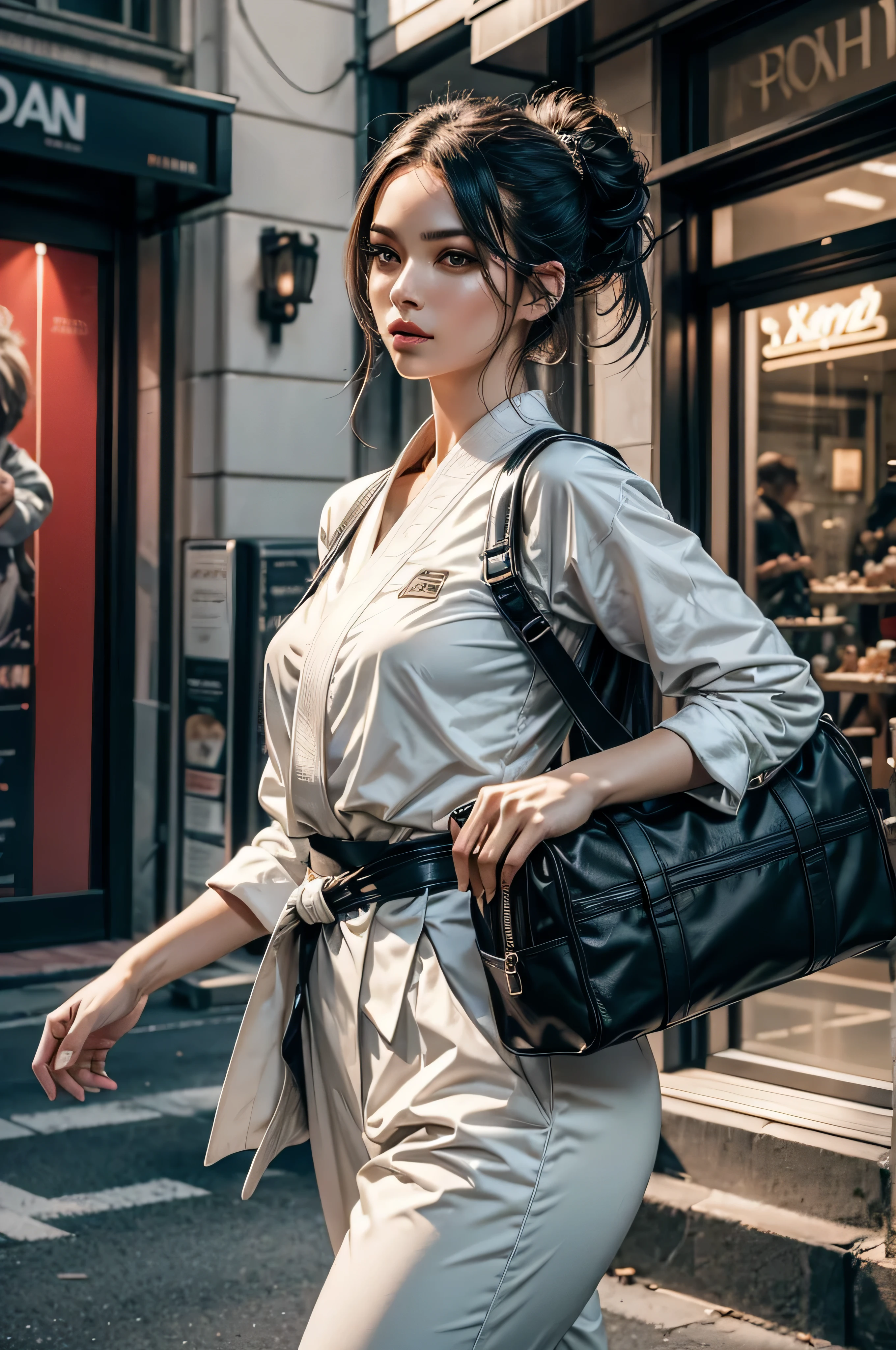 Szene: Eine Nahaufnahme des Modells. The model is carrying a sports bag. In dieser fesselnden Illustration, Our model embodies urban elegance and exudes timeless elegance for karate uniforms. The model is wearing a classic white karate GI uniform. With a designer sports bag slung casually over the shoulder, The ensemble exudes luxurious martial arts and sophistication. With its cinematic flair and striking aesthetics, This captivating image is perfect for brand display in shop windows or outdoor advertising campaigns. It effortlessly captures the essence of high-end fashion and luxury living, invites the viewer into a world full of style and fascination for KARATE. 8k, hohe Details, --AR 3:5 --stilize 750 --v 6