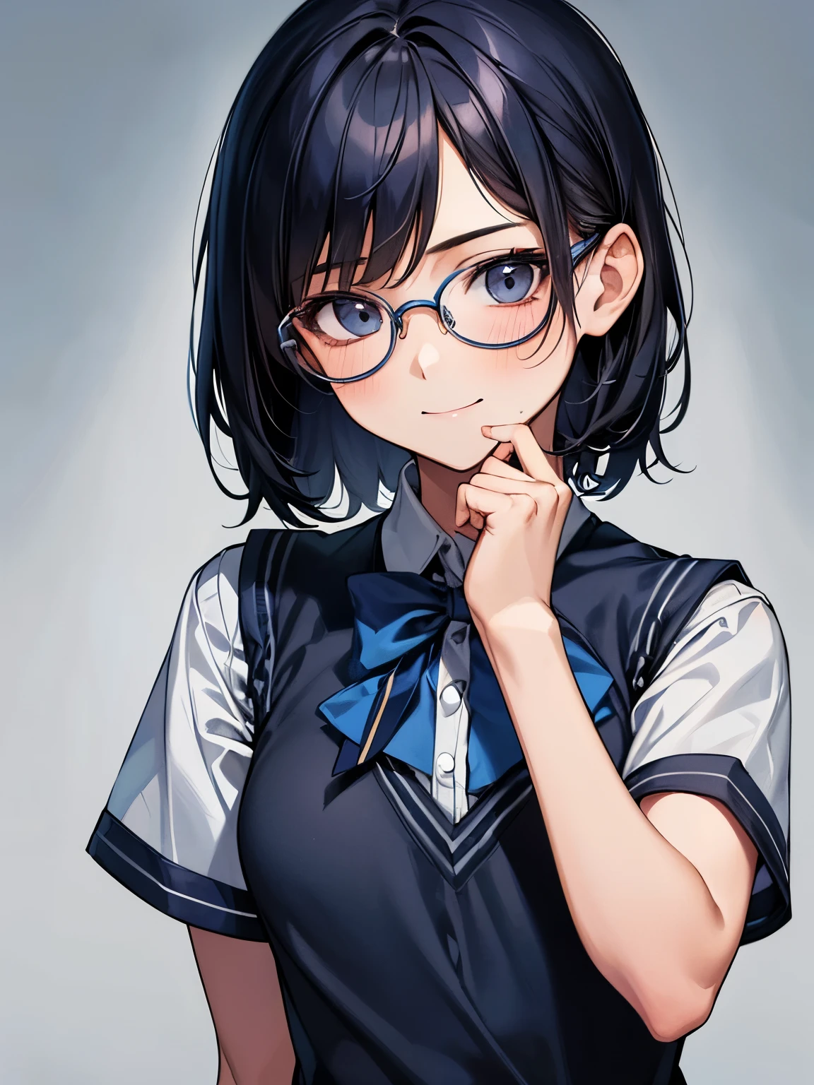 1 girl, Solo, , Cute Girl, Best Quality, Ultra-detailed, 8K, High resolution, Detailed face, black hair, light smile, happy, (((school uniform, dark blue vest, short sleeves, wearing glasses))),
