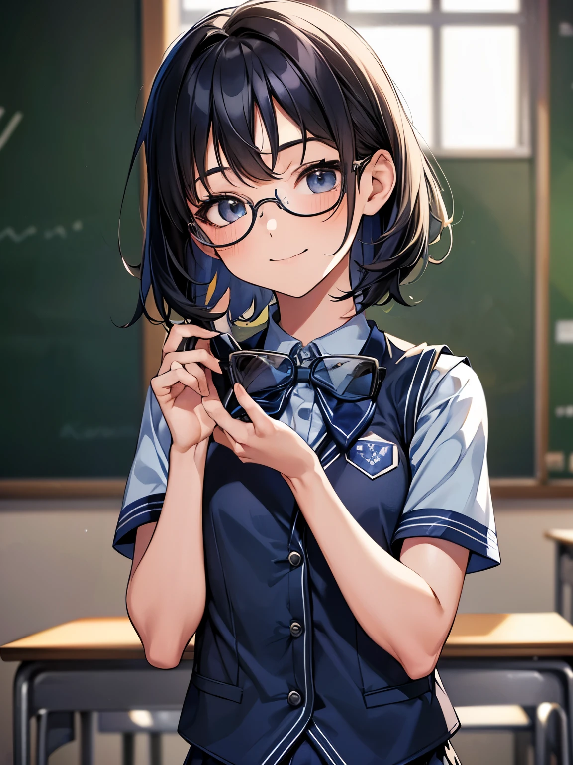 1 girl, Solo, 15 years old, Cute Girl, Best Quality, Ultra-detailed, 8K, High resolution, Detailed face, black hair, light smile, happy, (((school uniform, dark blue vest, short sleeves, wearing glasses))),