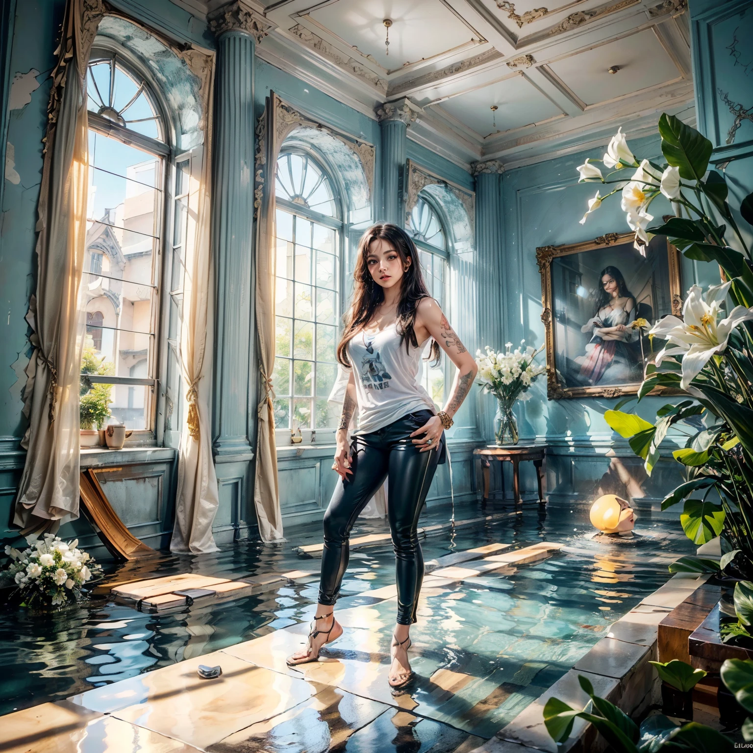 ((Masterpiece, Best quality:1.3), (ultra detail:1.3), 1 guy, Alone, (dark hair, shoulder-length, long hair), (on a strong body, dark stylish T-shirt, strong arms, bracelets, and tattoo, wearing tight dark pants), (rock star)). ((Calm look, relaxed pose, holds a lily flower in his hand.) (Stands at full height). (Modern interior, art deco, studio room, many flowers - lilieodern style, high ceilings)) . Best quality, (SURREALISM: 1.3)). (real flowers decorate the interior in simple glass vases on the floor), (the flowers are stunning looking). ((masterpiece: 1.2), (realism: 1.2), (Best quality), (special attention to details of the face, figure, colors, room elements: 1.3)). (Open window, exquisite design, mostly in light colors: white, blue, yellow, gold). (High light ceiling).((Realistic 3D visualization, super detail, ray tracing, flooded sunlight, contrasting shadows - cool tones, warm soft light)). Modern style (modern), (High-Tech), (surrealism: 1.3), Excellent, high quality. Hand-drawn realism.