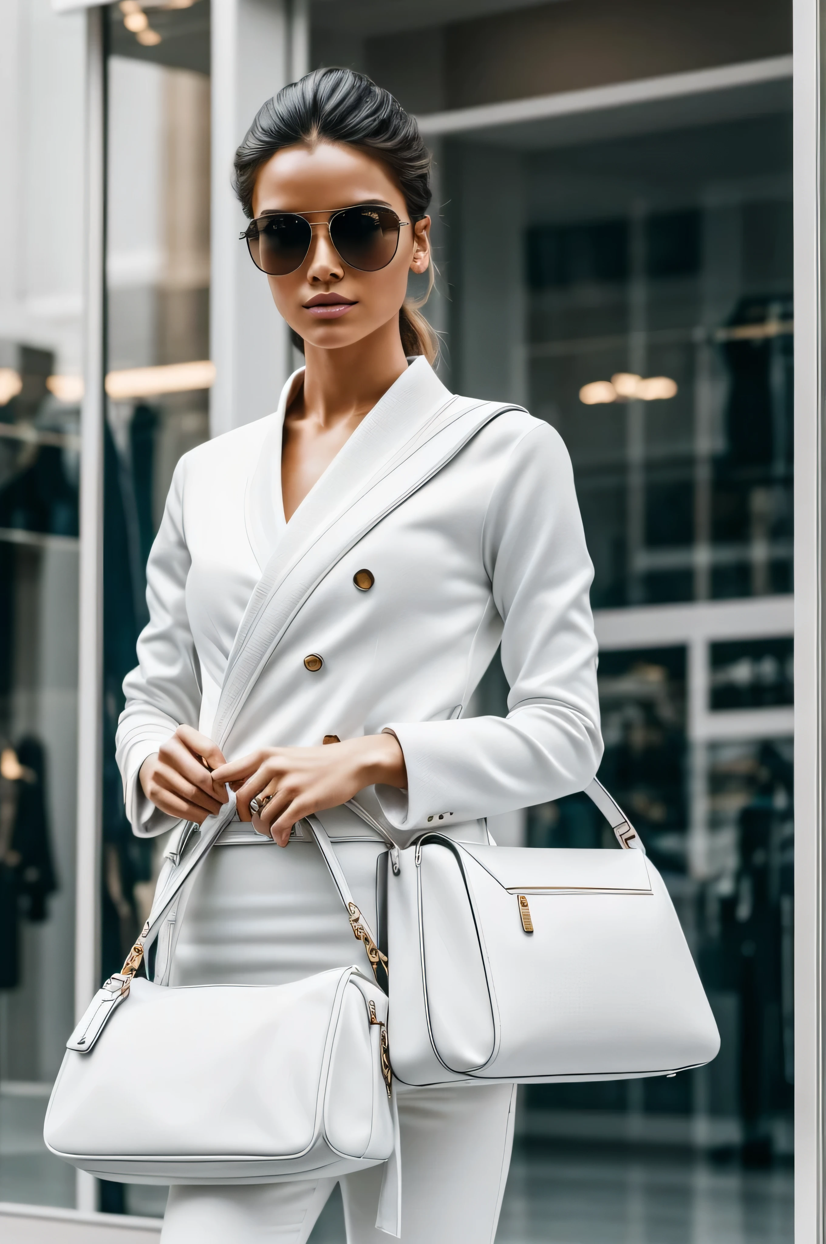 Szene: Eine Nahaufnahme eines Modells. The model is carrying a sports bag. In dieser fesselnden Illustration, Our model embodies urban elegance and exudes timeless elegance. The model is wearing a classic white karate GI uniform. With a designer sports bag slung casually over the shoulder, Das Ensemble strahlt Luxus und Raffinesse aus. With its cinematic flair and striking aesthetics, This captivating image is perfect for brand display in shop windows or outdoor advertising campaigns. It effortlessly captures the essence of high-end fashion and luxury living, invites the viewer into a world of elevated style and appeal. 8k, hohe Details, --AR 3:5 --stilize 750 --v 6