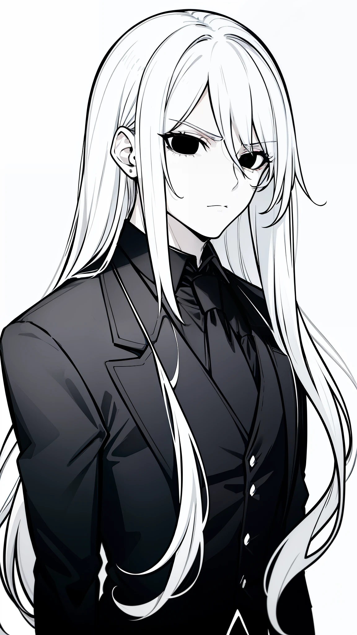 (1man,male),long hair,white hair,(black blazer,black shirt,black vest,black tie,black pants),upper body,(white background,line drawing),serious,black sclera,black eyes