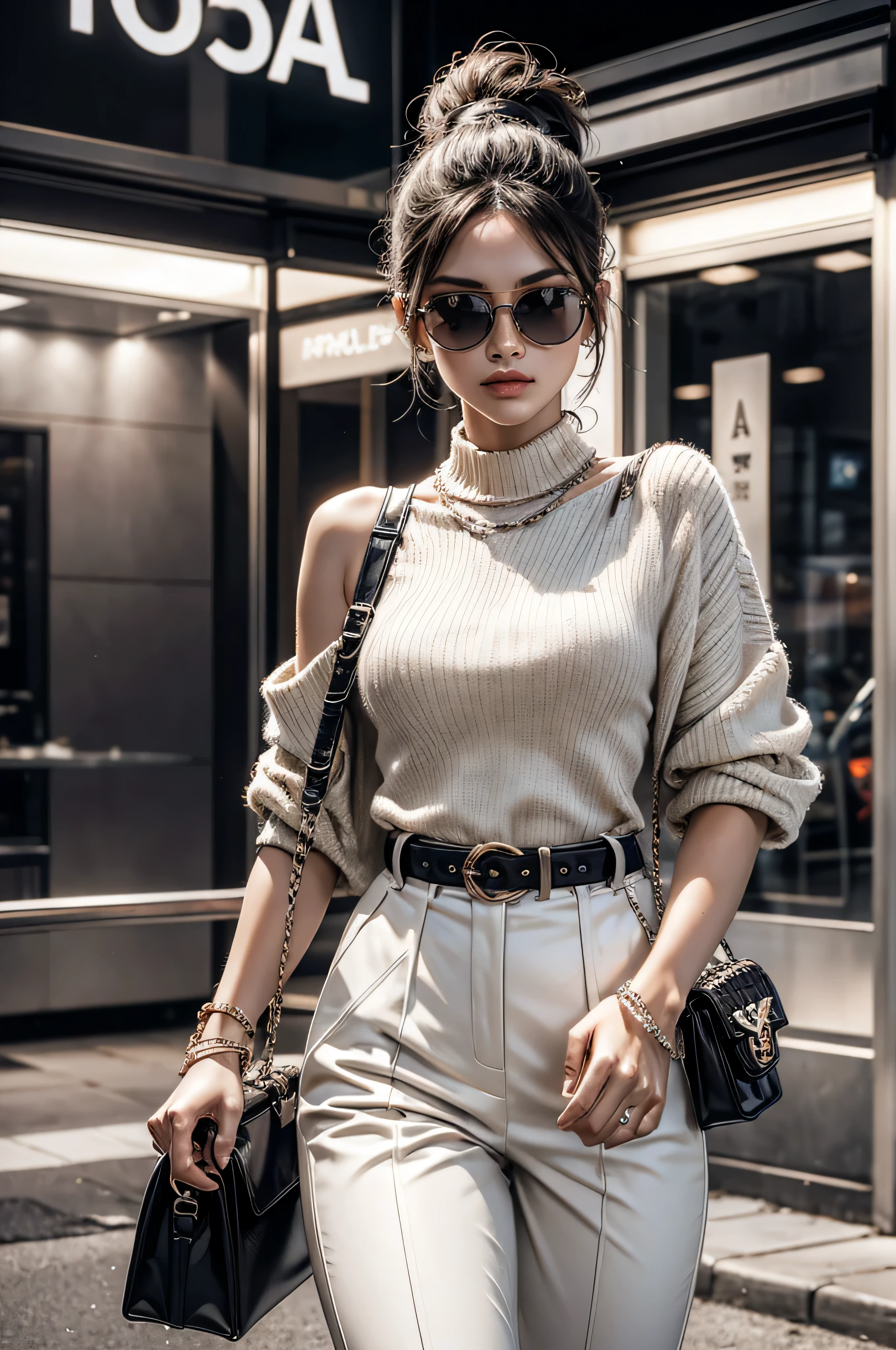 Szene: Eine Nahaufnahme eines Modells. Motivodel mit Sonnenbrille. The model is carrying a sports bag. In dieser fesselnden Illustration, Our model embodies urban elegance and exudes timeless elegance. The model wears a classic white karate gi in the iconic style from LV, Chanel- und Prada-Kampagnen. With a designer sports bag slung casually over the shoulder, Das Ensemble strahlt Luxus und Raffinesse aus. With its cinematic flair and striking aesthetics, This captivating image is perfect for brand display in shop windows or outdoor advertising campaigns. It effortlessly captures the essence of high-end fashion and luxury living, invites the viewer into a world of elevated style and appeal. 8k, hohe Details, --AR 3:5 --stilize 750 --v 6