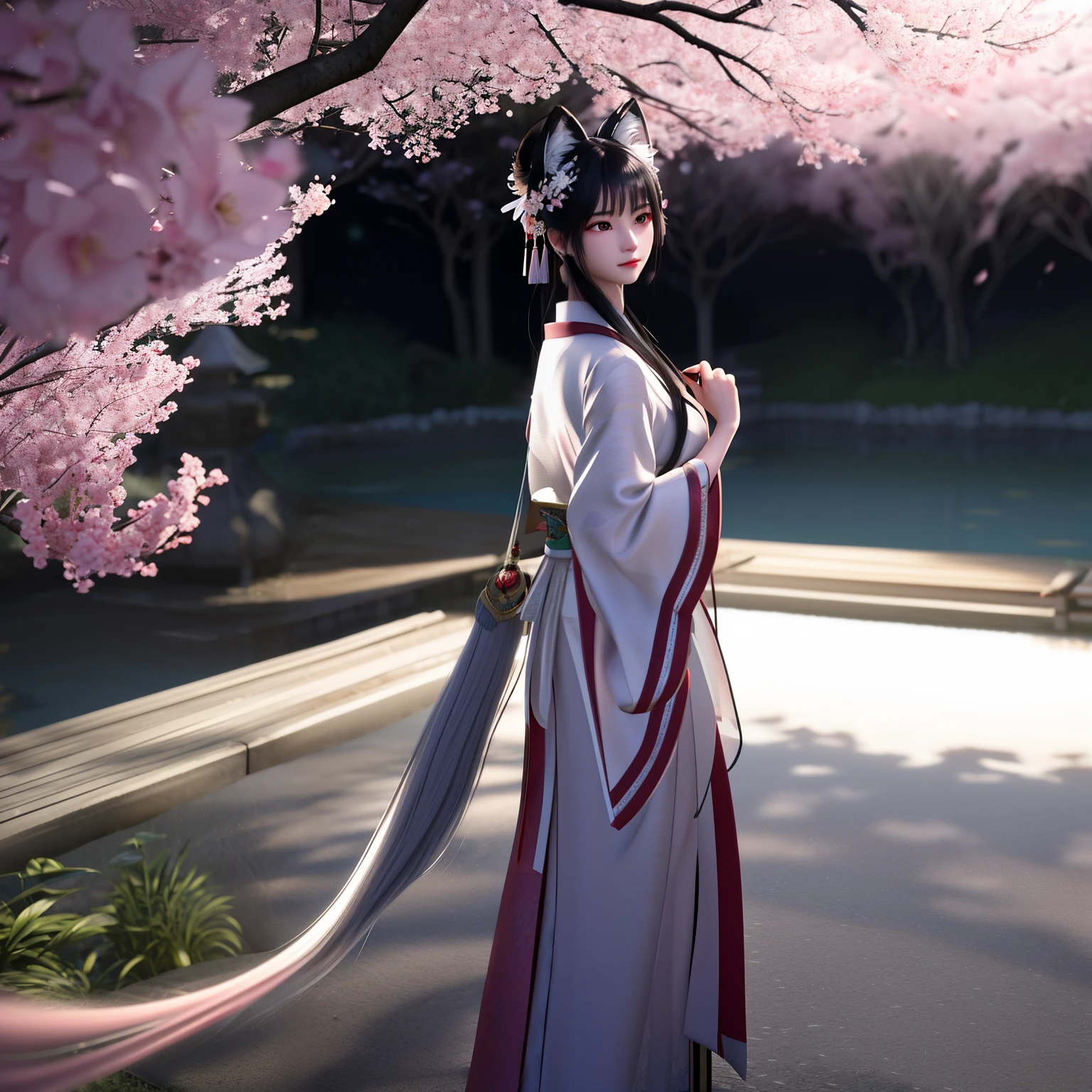 In the picturesque setting of a quaint Japanese village in 17th century Kyoto, under the cover of darkness, a fantastic character emerges from the shadows. This 3D realistic model, meticulously crafted with delicate render, embodies the ethereal beauty of a girl reminiscent of a geisha. With her striking long eyes adorned with a touch of light red eye shadow, her enchanting presence is further enhanced by the graceful white fox ears that adorn her head. The nine flowing white fox tails cascade down her back, symbolizing her mystical connection to the spirit world. Clad in an elegant white shoulder kimono, she stands resolutely on the worn road, her gaze focused and determined as she prepares for battle. A radiant aura of light envelops her body