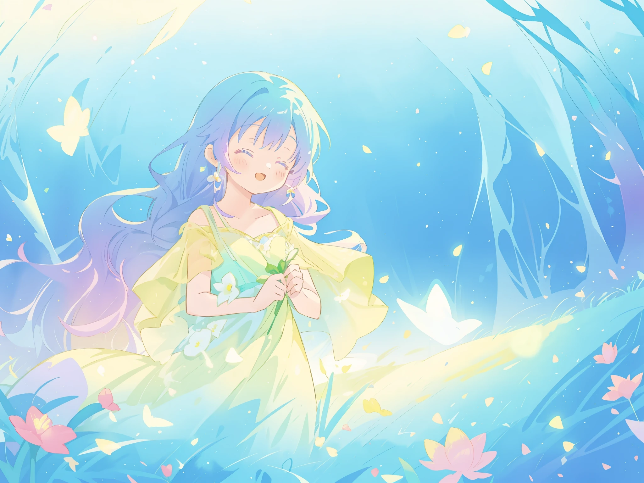 beautiful girl in yellow mint gradient flowing dress, long flowing blue purple hair, colorful fantasia background, vibrant bright colors, watercolor illustration, disney art style, glowing aura around her, glowing lights, beautiful digital illustration, fantasia otherworldly landscape plants flowers, beautiful, masterpiece, best quality, anime disney style