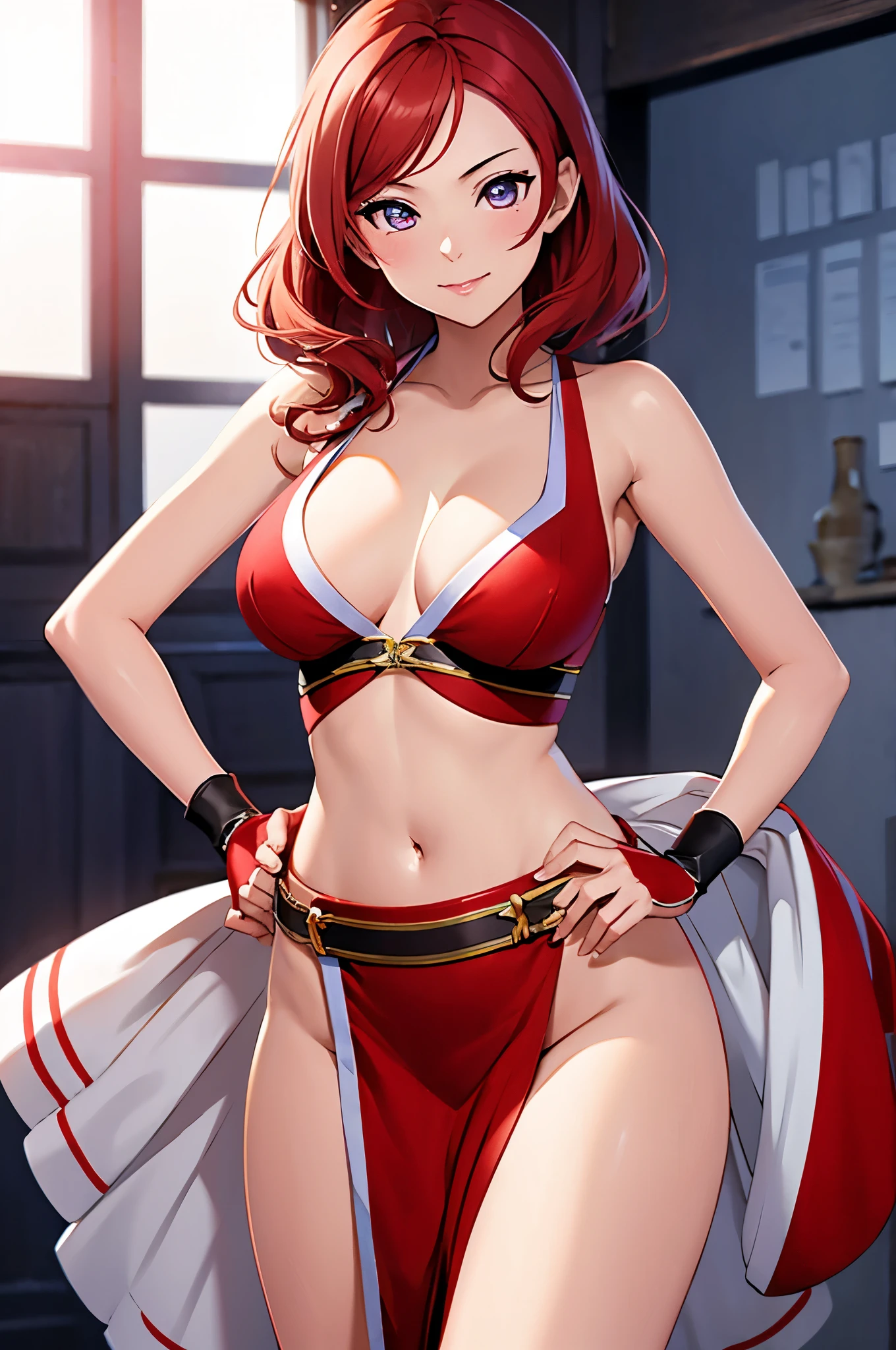 (Masterpiece, Best Quality, High Quality), cowboy shot, standing,Nishikino maki, Red hair, purple eyes, illustration, beautiful, a bow,upper body, kunoichi dress, thighs,(big breasts:1.2), cleavage ,looking at viewer,seductive smile, blushing, hand on hip