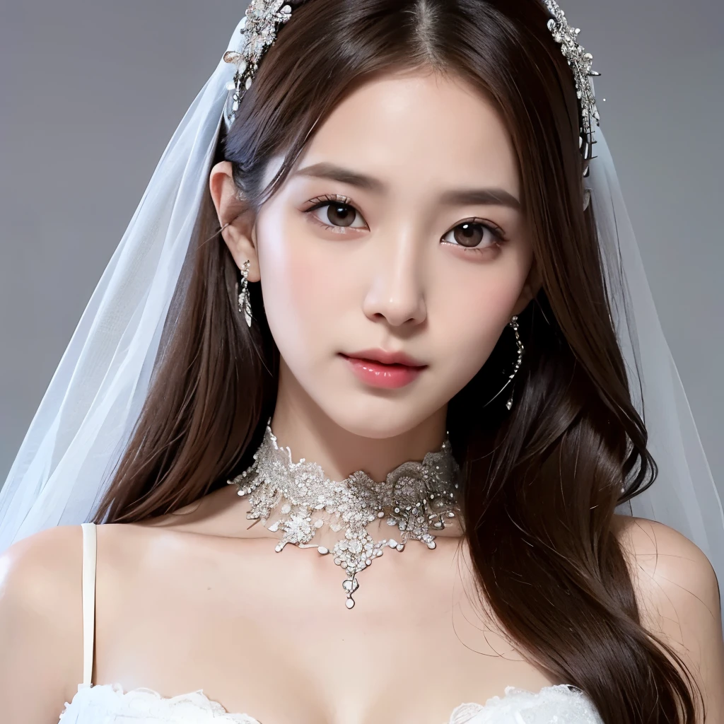Girl, long brown hair, gray eyes, sharp features, white skin, wearing a wedding dress,