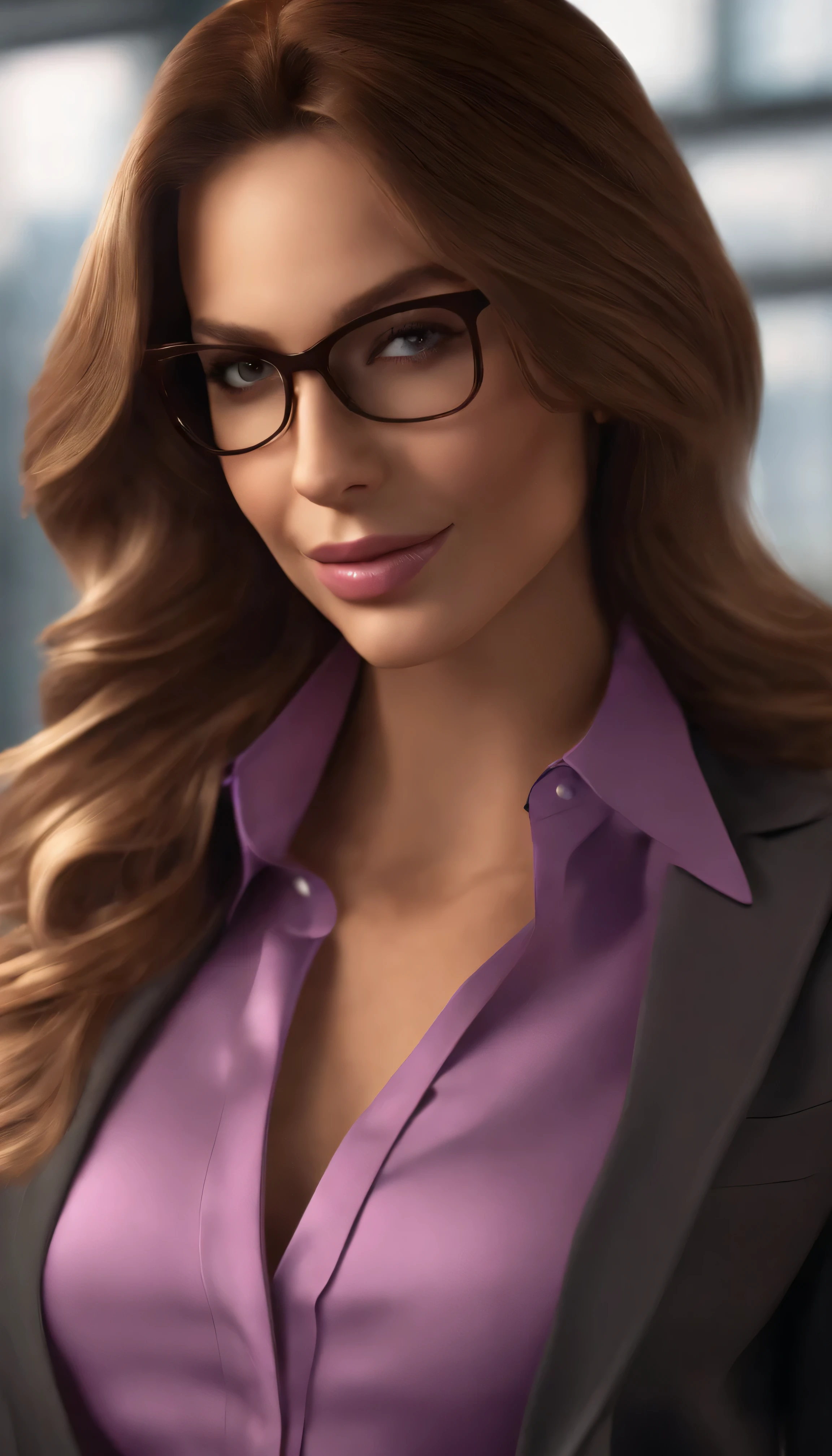 Qualidade Superior, lilac silk shirt jeans , Shorty Definition, 1girl, Rosto bonito e perfeito, sorridente cabelo longo andulados castanho, Businesswoman's clothing,quimono, detalhes intrincados, cinematic feel, 8k, Very detailed photorealistic,in an office