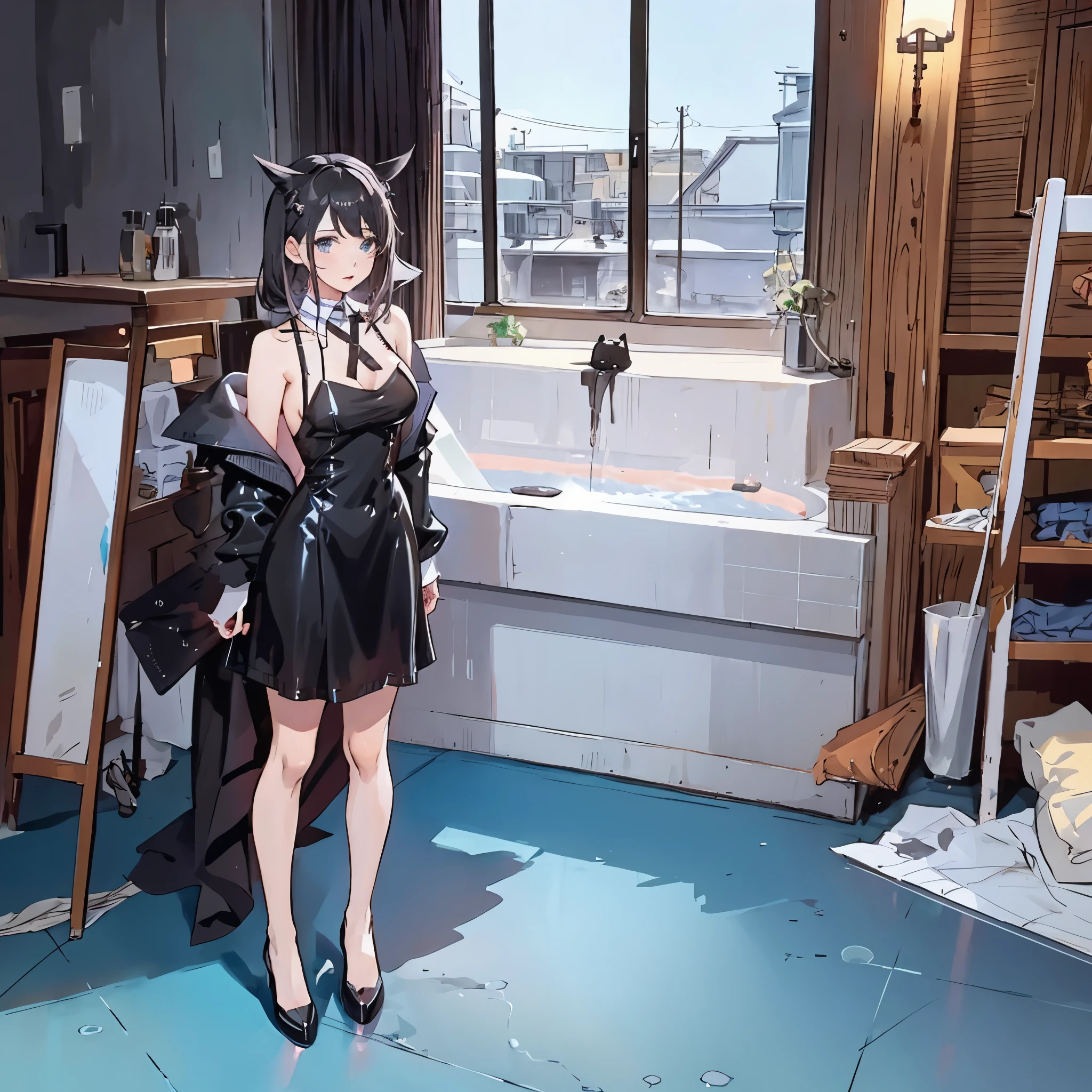 there is a woman in a black dress standing in a bathroom, weaAlsog atsuko kudo latex outfit, Kantai Collection Style, catboy cosplay! maid! dress, girls front line style, Also, surreal , sakimichan, From Dolls Frontline, sakimichan frank franzzeta, anime girl cosplay
