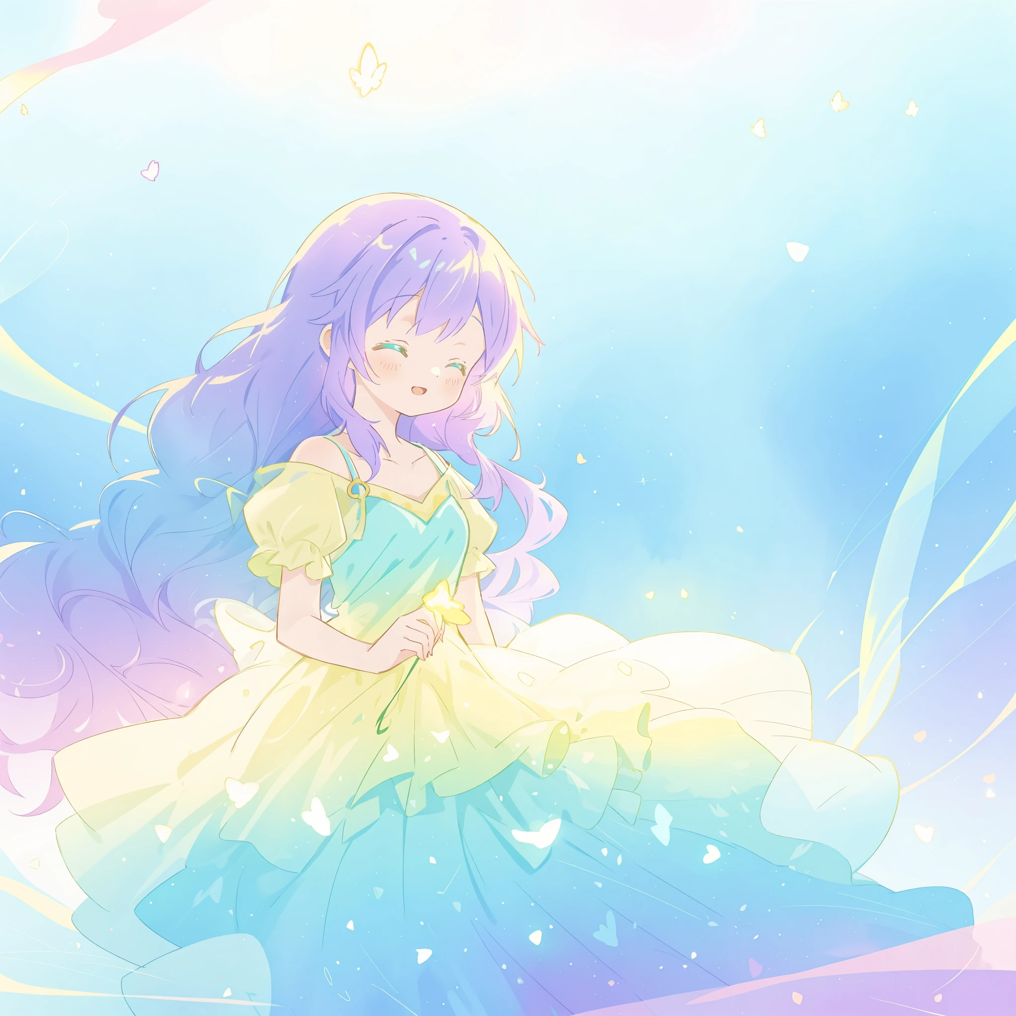 beautiful girl in yellow-mint gradient layered fantasy dress, long flowing blue-purple hair, colorful fantasia background, watercolor illustration, (vibrant bright colors), disney art style, glowing aura around her, glowing lights, beautiful digital illustration, fantasia otherworldly, beautiful, masterpiece, best quality, anime disney style