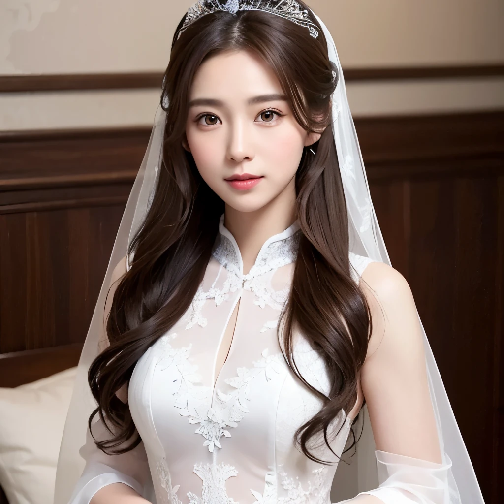 Girl, long brown hair, gray eyes, sharp features, white skin, wearing a wedding dress,
