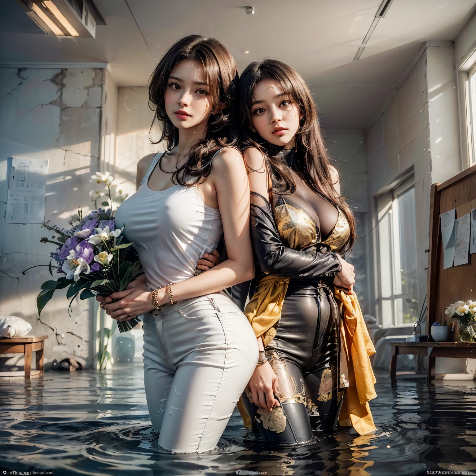 ((Masterpiece, Best quality:1.3), (ultra detail:1.3), 1 guy, Alone, (dark hair, shoulder-length, long hair), (on a strong body, dark stylish T-shirt, strong arms, bracelets, and tattoo, wearing tight dark pants), (rock star)). ((Calm look, relaxed pose, holds a lily flower in his hand.) (Stands at full height). (Modern interior, art deco, studio room, many flowers - lilieodern style, high ceilings)) . Best quality, (SURREALISM: 1.3)). (real flowers decorate the interior in simple glass vases on the floor), (the flowers are stunning looking). ((masterpiece: 1.2), (realism: 1.2), (Best quality), (special attention to details of the face, figure, colors, room elements: 1.3)). (Open window, exquisite design, mostly in light colors: white, blue, yellow, gold). (High light ceiling).((Realistic 3D visualization, super detail, ray tracing, flooded sunlight, contrasting shadows - cool tones, warm soft light)). Modern style (modern), (High-Tech), (surrealism: 1.3), Excellent, high quality. Hand-drawn realism.