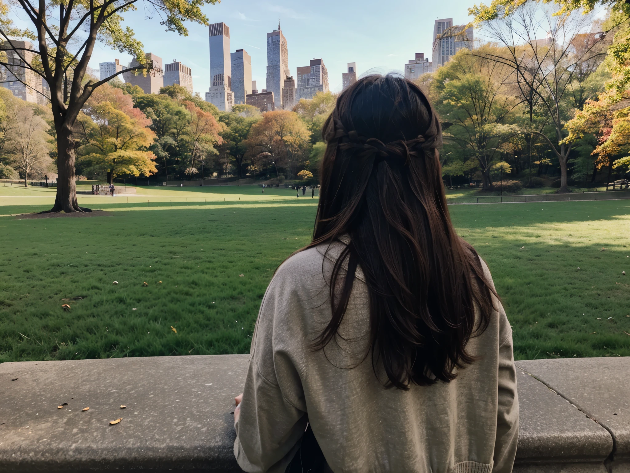 21 years old young woman with dark brown hair looking at the distance, view from the back, we are in central park new york