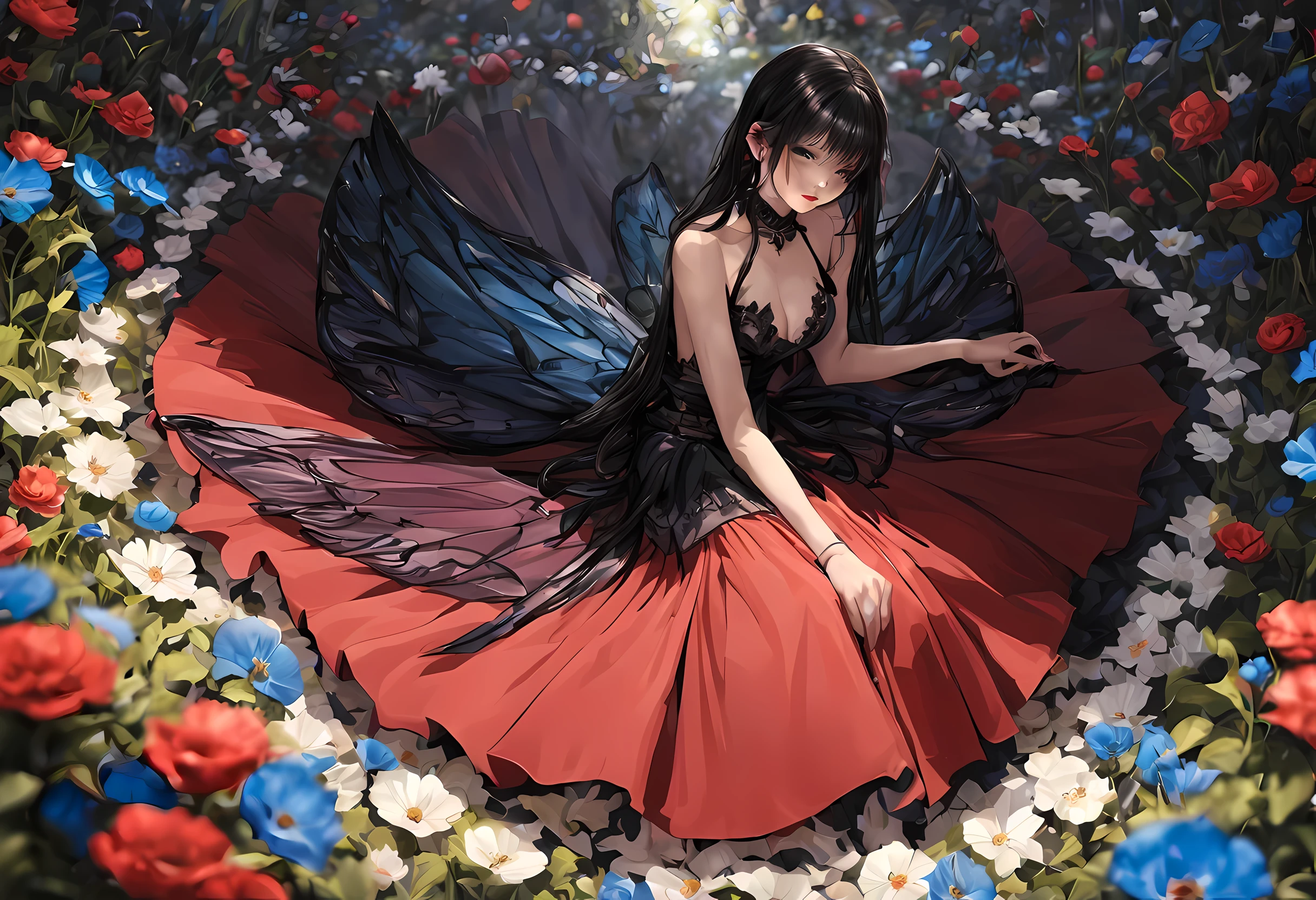 high details, best quality, 16k, RAW, [best detailed], masterpiece, best quality, (extremely detailed), full body, ultra wide shot, photorealistic, dark fantasy art, goth art, RPG art, D&D art, a picture of a dark female fairy resting in a flower meadow, extremely beautiful fairy, ultra feminine (intense details, Masterpiece, best quality), best detailed face (intense details, Masterpiece, best quality), having wide butterfly wings, spread butterfly wings (intense details, Masterpiece, best quality), dark colors wings (intense details, Masterpiece, best quality), black hair, long hair, shinning hair, flowing hair, shy smile, innocent smile, blue eyes, dark red lips, wearing [red] dress latex corset (intense details, Masterpiece, best quality), dynamic elegant shirt, chocker, wearing high heels, in dark colored flower meadow (intense details, Masterpiece, best quality), (red flowers: 1.2) , (black flowers: 1.2), (white flowers: 1.2), (blue flowers: 1.3) [extreme many flowers] (intense details, Masterpiece, best quality), dark colorful flowers (intense details, Masterpiece, best quality), flower meadow in a dark goth field background, dim light, cinematic light, High Detail, Ultra High Quality, High Resolution, 16K Resolution, Ultra HD Pictures, 3D rendering Ultra Realistic, Clear Details, Realistic Detail, Ultra High Definition, DonMF41ryW1ng5XL