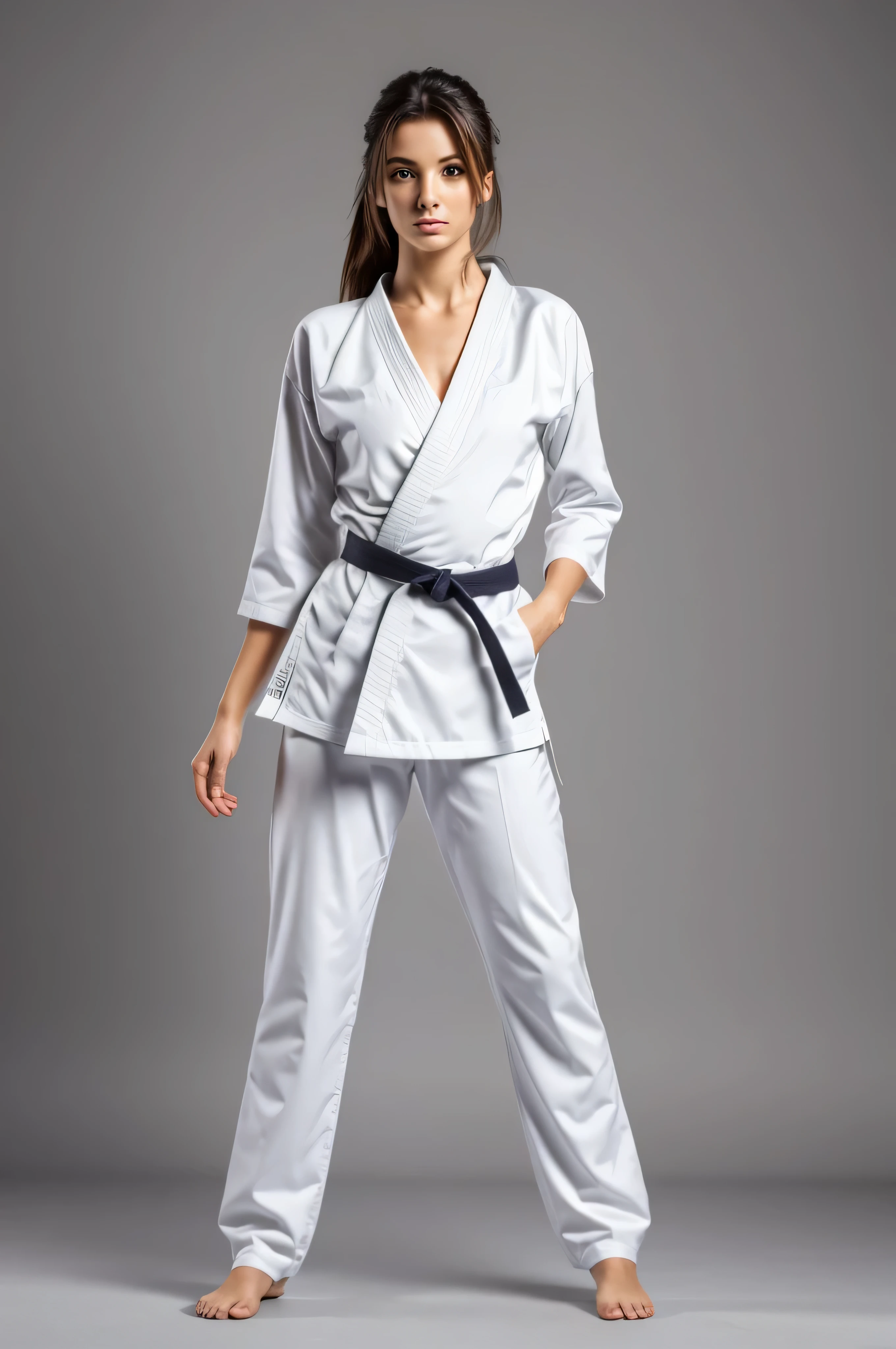 Portrait of a beautiful Italian-Irish female model in karate gi, Suitable for Adobe Stock, Full body, Schmucklos, Einfarbiger Hintergrund, Suitable for sales – AR 9:16 – a 6