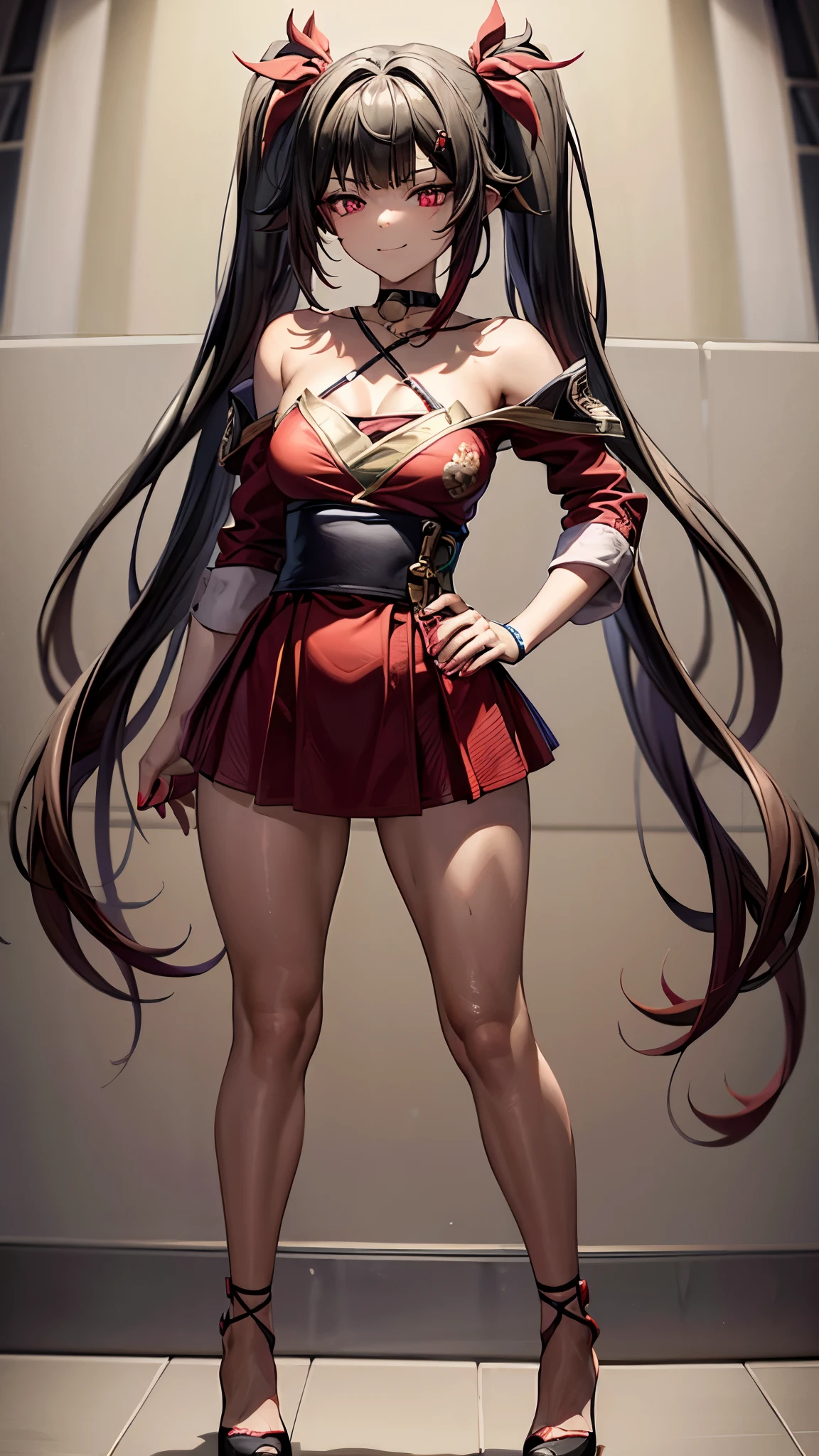 Type: Digital Art Style: Anime Style Color: Predominantly red with black and white contrasts, Eye color: Bright crimson red, with luminous reflections. Hair color Black with red highlights, Hairstyle: Long with twintails, adorned with traditional red and gold hair ornamentischievous and playful smile with a touch of mischief))), muscular and sadistic legs, (((scene of beach))), Standing, (full body photo), well-groomed nails, red nails, {{{wearing a very short and sexy bikini}}}, hdr