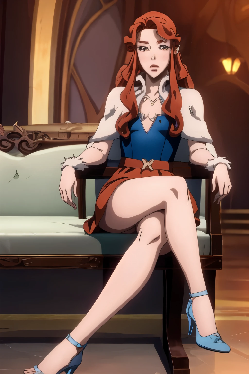 Lenore from castlevania, exposed legs, realistic legs, vampire, red hair, sexy legs, sitting, upskirt, 8k, beautiful, hd, crossed legs, heels, skirt, exposed pussy,