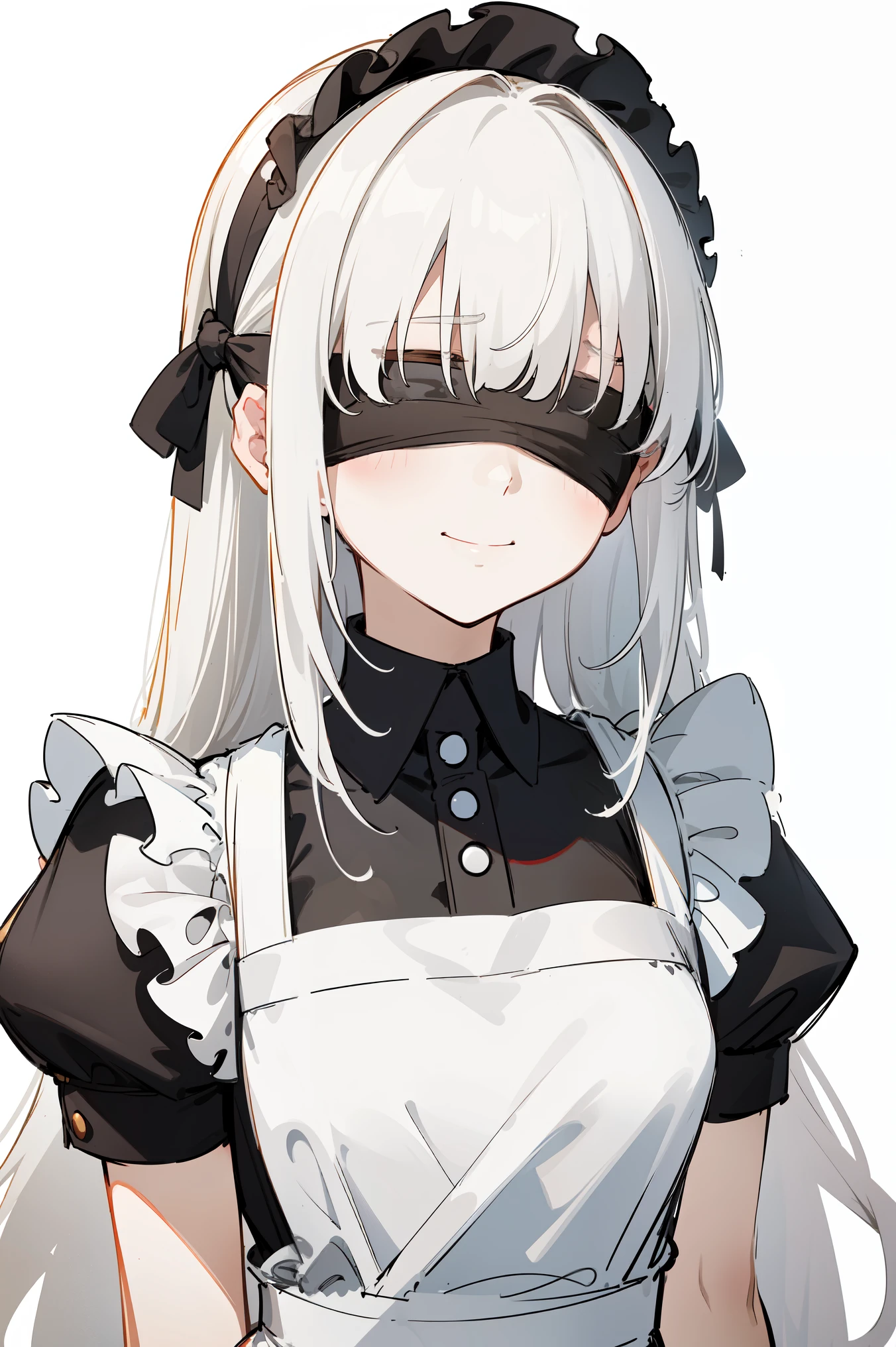 (masterpiece, best quality, ultra high quality, by quan, sketch:1.1), ((portrait)), 1girl, solo, young with long hair, pure white hair, straight hair, blunt bangs, ((blindfold)), small breasts, flat chest, neutral, innexpressive, small smile, v-shape smile, curvy smile, :>, white and black dress, maid, white apron, upper body, standing, hands behind back, isometric lightning, white background, simple background