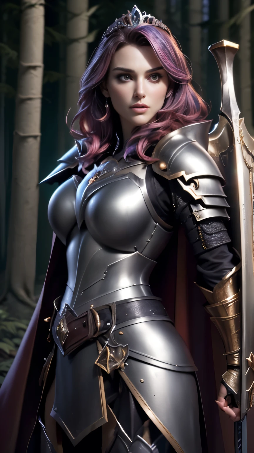 photo of celebrity, RAW, beautiful woman, ((portrait)), ((detailed face, colorful rainbow hair:1.2)), ((detailed facial feature, detailed skin, clear skin, parted lips), (perfect proportioned body, medium breasts), ((wearing tiara, cape, full armor, breastplate, gauntlets, armored legwear, holding a shield with left arm, holding a sword with right arm: 1.5)), (high detailed dark forest: 1.3), (realistic photo, best quality, detailed), (8k wallpaper), (cinematic lighting, dramatic lighting) (sharp focus, intricate)