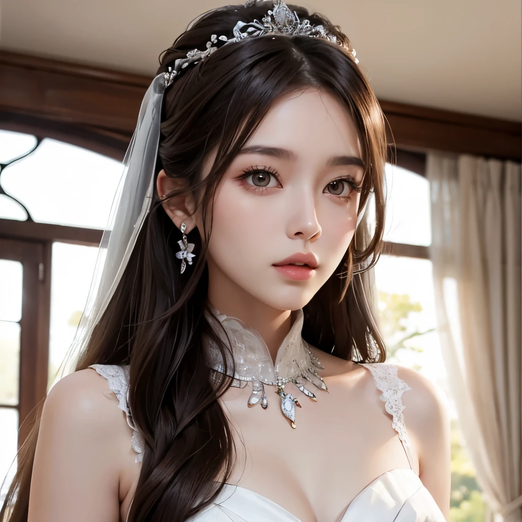 Girl, long brown hair, gray eyes, sharp features, white skin, wearing a wedding dress