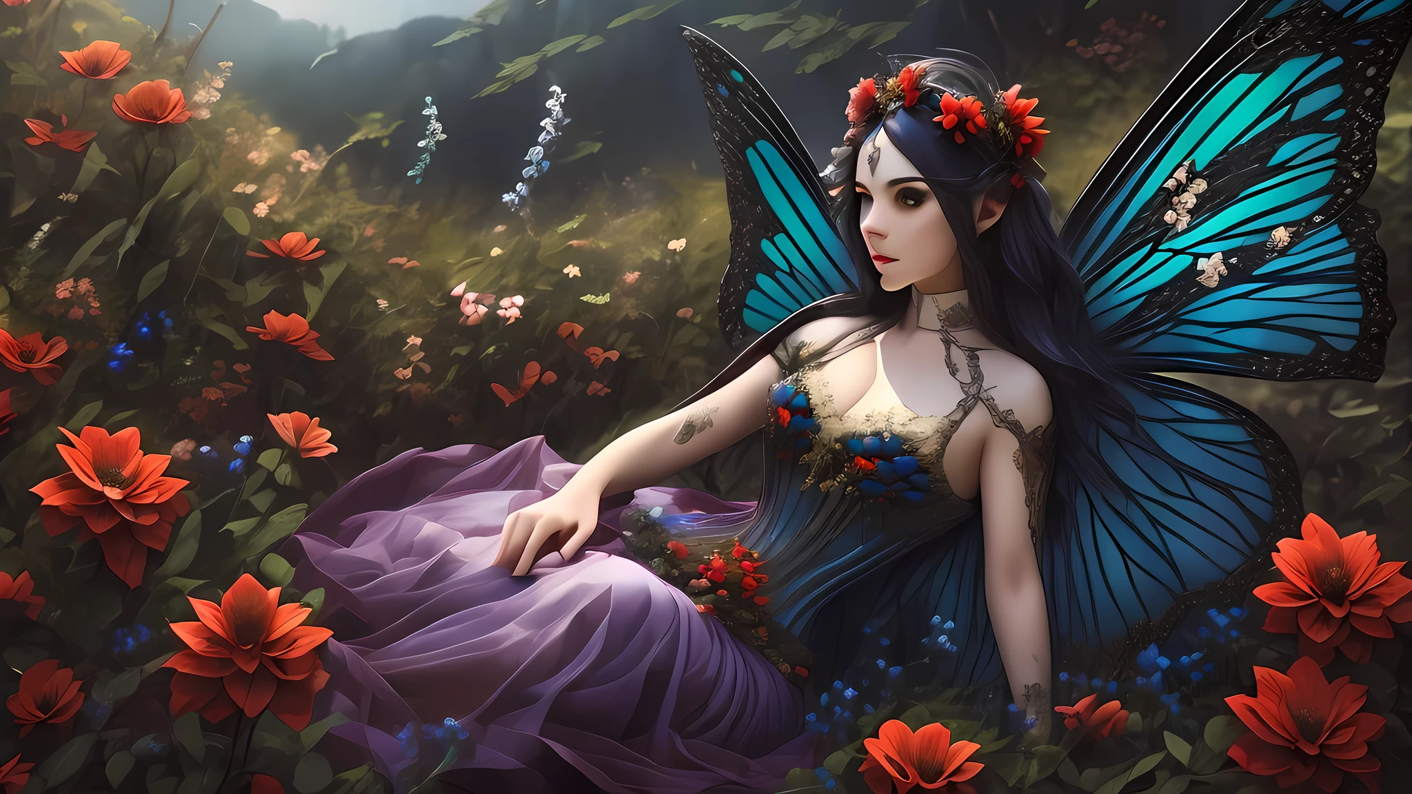 high details, best quality, 16k, RAW, [best detailed], masterpiece, best quality, (extremely detailed), full body, ultra wide shot, photorealistic, dark fantasy art, goth art, RPG art, D&D art, a picture of a dark female fairy resting in a flower meadow, extremely beautiful fairy, ultra feminine (intense details, Masterpiece, best quality), best detailed face (intense details, Masterpiece, best quality), having wide butterfly wings, spread butterfly wings (intense details, Masterpiece, best quality), dark colors wings (intense details, Masterpiece, best quality), black hair, long hair, shinning hair, flowing hair, shy smile, innocent smile, blue eyes, dark red lips, wearing [red] dress latex corset (intense details, Masterpiece, best quality), dynamic elegant shirt, chocker, wearing high heels, in dark colored flower meadow (intense details, Masterpiece, best quality), (red flowers: 1.2) , (black flowers: 1.2), (white flowers: 1.2), (blue flowers: 1.3) [extreme many flowers] (intense details, Masterpiece, best quality), dark colorful flowers (intense details, Masterpiece, best quality), flower meadow in a dark goth field background, dim light, cinematic light, High Detail, Ultra High Quality, High Resolution, 16K Resolution, Ultra HD Pictures, 3D rendering Ultra Realistic, Clear Details, Realistic Detail, Ultra High Definition, DonMF41ryW1ng5XL