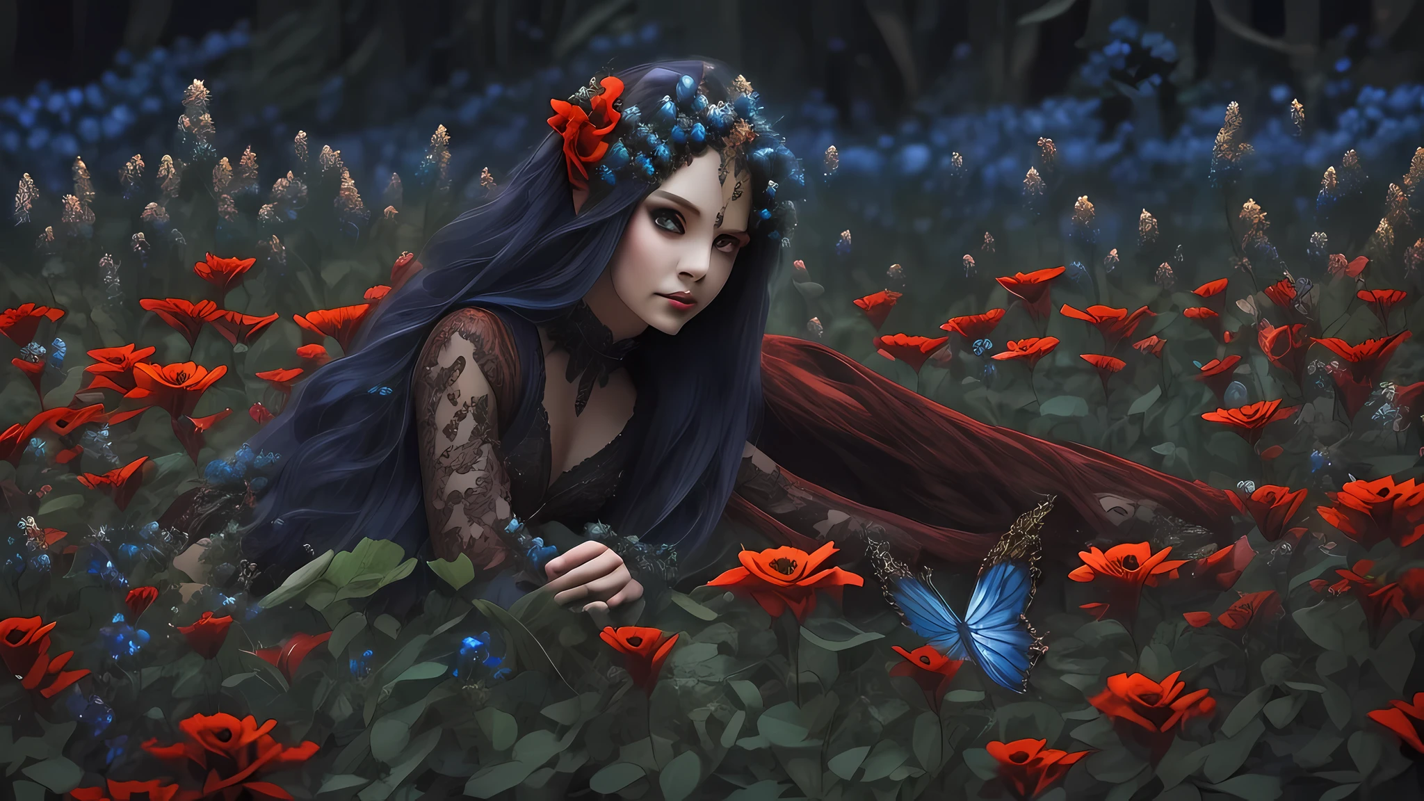 high details, best quality, 16k, RAW, [best detailed], masterpiece, best quality, (extremely detailed), full body, ultra wide shot, photorealistic, dark fantasy art, goth art, RPG art, D&D art, a picture of a dark female fairy resting in a flower meadow, extremely beautiful fairy, ultra feminine (intense details, Masterpiece, best quality), best detailed face (intense details, Masterpiece, best quality), having wide butterfly wings, spread butterfly wings (intense details, Masterpiece, best quality), dark colors wings (intense details, Masterpiece, best quality), black hair, long hair, shinning hair, flowing hair, shy smile, innocent smile, blue eyes, dark red lips, wearing [red] dress latex corset (intense details, Masterpiece, best quality), dynamic elegant shirt, chocker, wearing high heels, in dark colored flower meadow (intense details, Masterpiece, best quality), (red flowers: 1.2) , (black flowers: 1.2), (white flowers: 1.2), (blue flowers: 1.3) [extreme many flowers] (intense details, Masterpiece, best quality), dark colorful flowers (intense details, Masterpiece, best quality), flower meadow in a dark goth field background, dim light, cinematic light, High Detail, Ultra High Quality, High Resolution, 16K Resolution, Ultra HD Pictures, 3D rendering Ultra Realistic, Clear Details, Realistic Detail, Ultra High Definition, DonMF41ryW1ng5XL