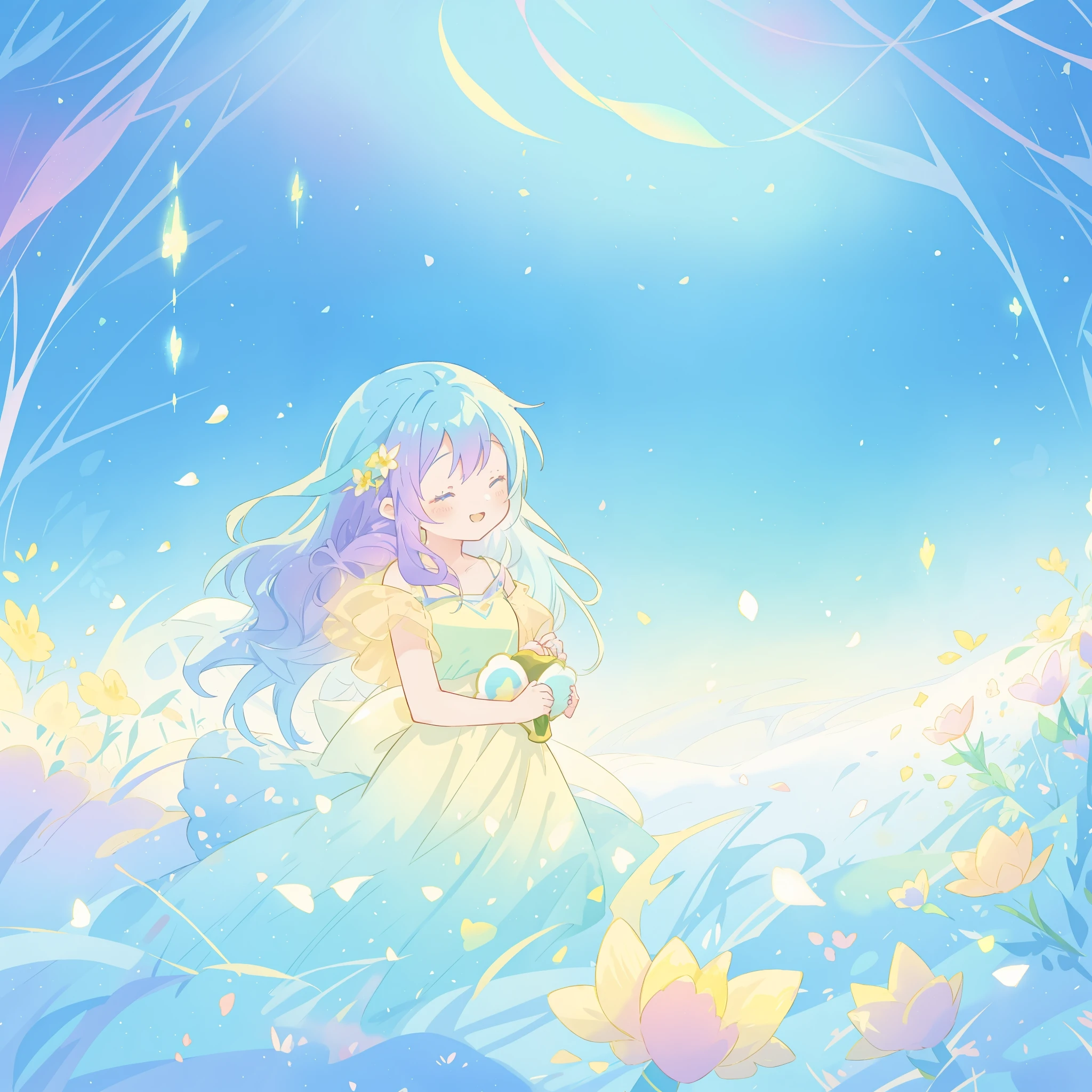 beautiful girl in yellow mint gradient flowing dress, long flowing blue purple hair, colorful fantasia background, vibrant bright colors, watercolor illustration, disney art style, glowing aura around her, glowing lights, beautiful digital illustration, fantasia otherworldly landscape plants flowers, beautiful, masterpiece, best quality, anime disney style