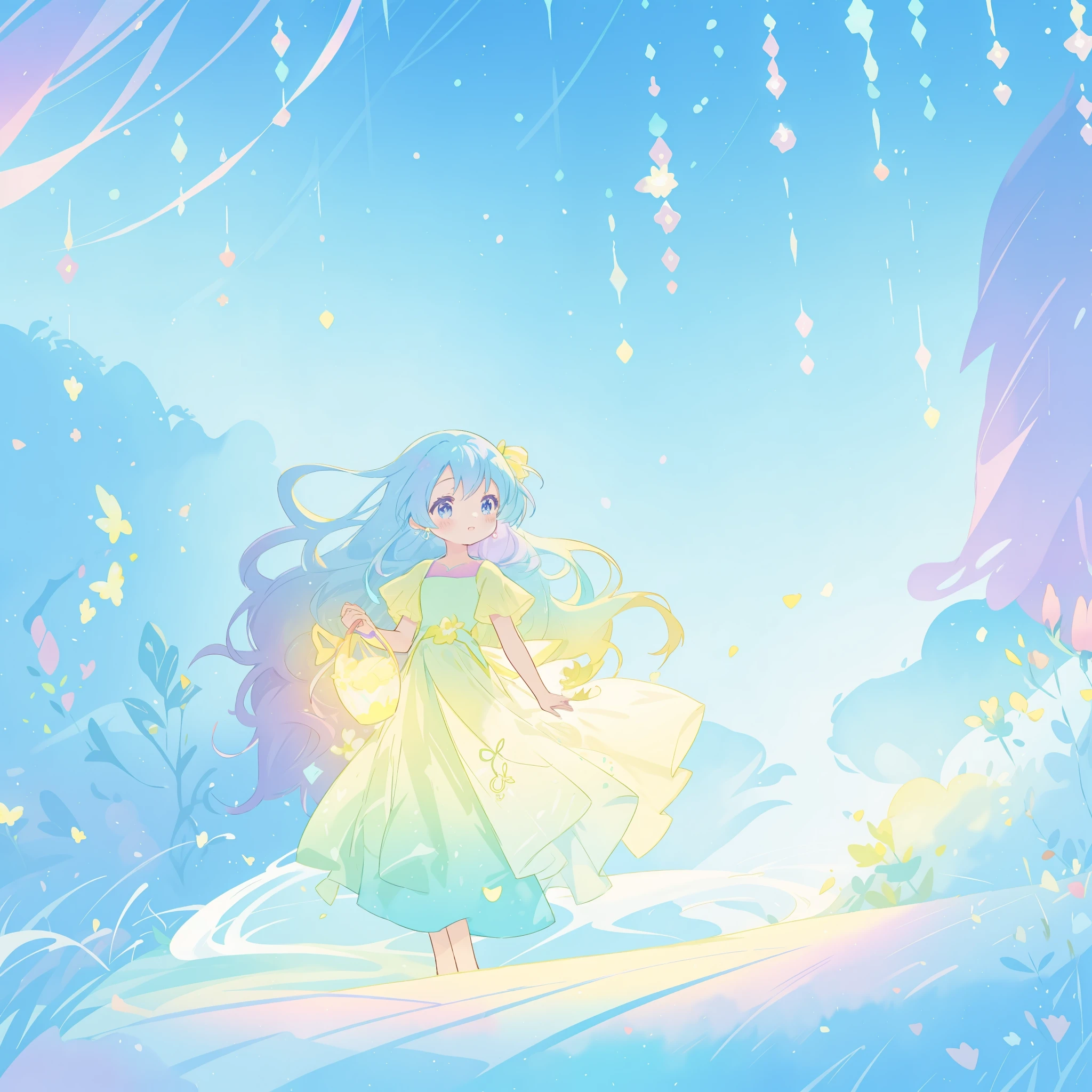 beautiful girl in yellow mint gradient flowing dress, long flowing blue purple hair, colorful fantasia background, vibrant bright colors, watercolor illustration, disney art style, glowing aura around her, glowing lights, beautiful digital illustration, fantasia otherworldly landscape plants flowers, beautiful, masterpiece, best quality, anime disney style