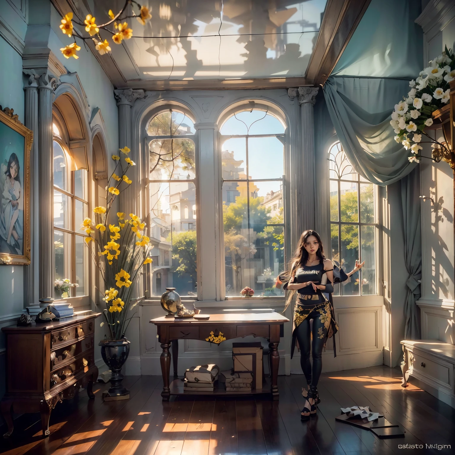 ((Masterpiece, Best quality:1.3), (ultra detail:1.3), 1 guy, Alone, (dark hair, shoulder-length, long hair), (on a strong body, dark stylish T-shirt, strong arms, bracelets, and tattoo, wearing tight dark pants), (rock star)). ((Calm look, relaxed pose, holds a lily flower in his hand.) (Stands at full height). (Modern interior, art deco, studio room, many flowers - lilieodern style, high ceilings)) . Best quality, (SURREALISM: 1.3)). (real flowers decorate the interior in simple glass vases on the floor), (the flowers are stunning looking). ((masterpiece: 1.2), (realism: 1.2), (Best quality), (special attention to details of the face, figure, colors, room elements: 1.3)). (Open window, exquisite design, mostly in light colors: white, blue, yellow, gold). (High light ceiling).((Realistic 3D visualization, super detail, ray tracing, flooded sunlight, contrasting shadows - cool tones, warm soft light)). Modern style (modern), (High-Tech), (surrealism: 1.3), Excellent, high quality. Hand-drawn realism.