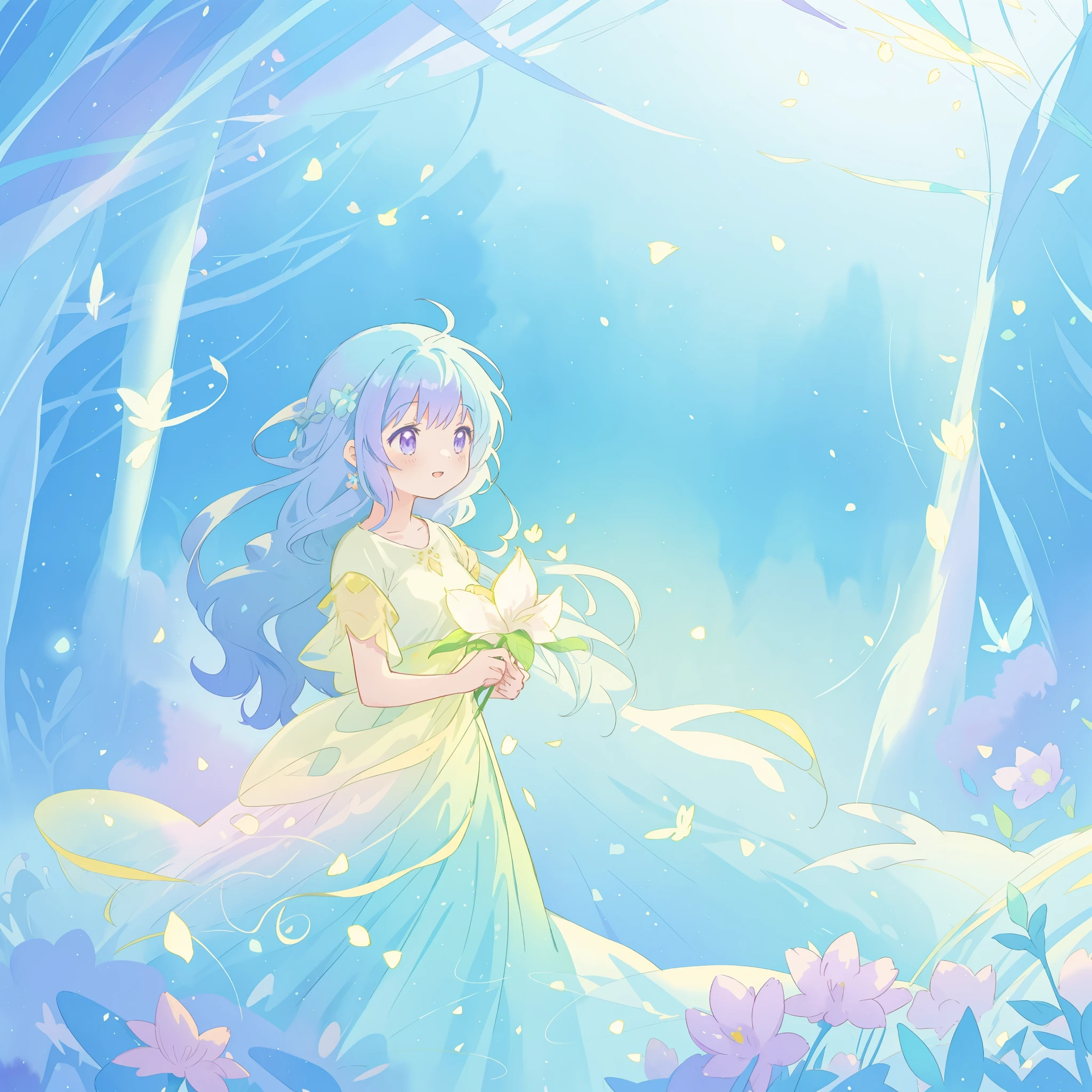 beautiful girl in yellow mint gradient flowing dress, long flowing blue purple hair, colorful fantasia background, watercolor illustration, disney art style, glowing aura around her, glowing lights, beautiful digital illustration, fantasia otherworldly landscape plants flowers, beautiful, masterpiece, best quality, anime disney style