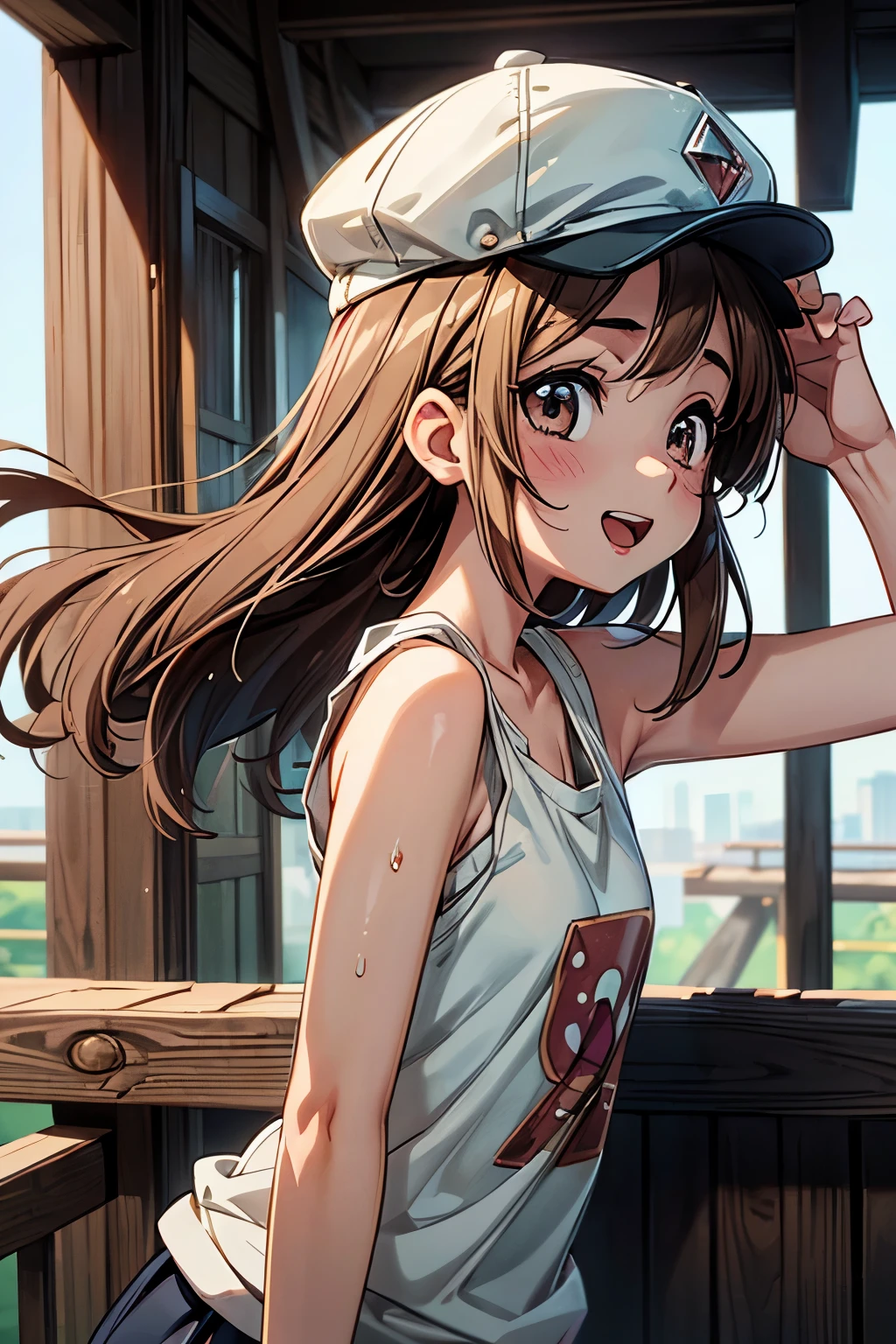 ((Masterpiece)), (Anime:1.3), ((best quality)), (RAW photo: 1.2), (High Definition:1.3), (Professional Photography:1.2), (drop shadow:1.5), (profile), Textured skin, cinematic lighting, (), 1girl, (Cute teenage beaul Girl),BREAK, ((best quality)), ((glossy lips)), beautiful brown eyes, (Beautiful diamond eyes:1.5), (Pale brown hair), unruly hair, medium hair, (long bang), ((put on cap deeply)), (evil smile), Open mouth, BREAK, (Anime:1.3), ((ragged white tanktop)), Slender body, slightly exposed small nipple, sweaty, Beautiful small breasts, (kawaii posing:1.4), on the parapet of a bridge,