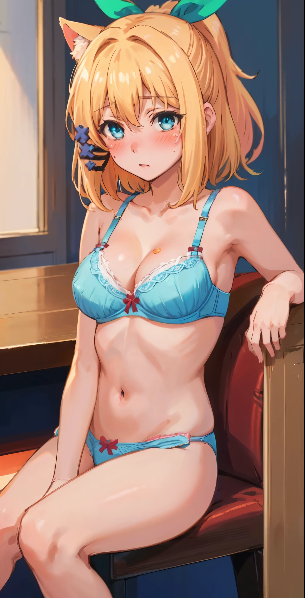 best quality, (masterpiece:1.2), detailed, medieval,
Rumia Tingel,
1girl, solo, ((blush)),
medium hair, blonde hair, short ponytail, blue eyes, green bow, x hair ornament,
((( blue eyes, ultra-detailed eyes))),
Dynamic pose, ((blush)), medium breasts, medium hair, background, perfect anatomy, healthy skin, glowing eyes, cat ears. ((((sitting in a bar)))). (((((Bra, panties, navel, healthy skin))))), confident. (((Nsfw,vauthority, merciless)))