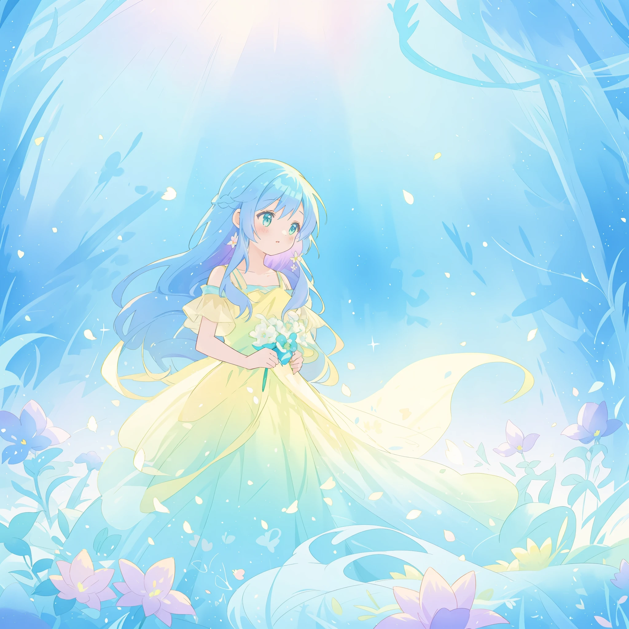 beautiful girl in yellow mint gradient flowing dress, long flowing blue purple hair, colorful fantasia background, watercolor illustration, disney art style, glowing aura around her, glowing lights, beautiful digital illustration, fantasia otherworldly landscape plants flowers, beautiful, masterpiece, best quality, anime disney style