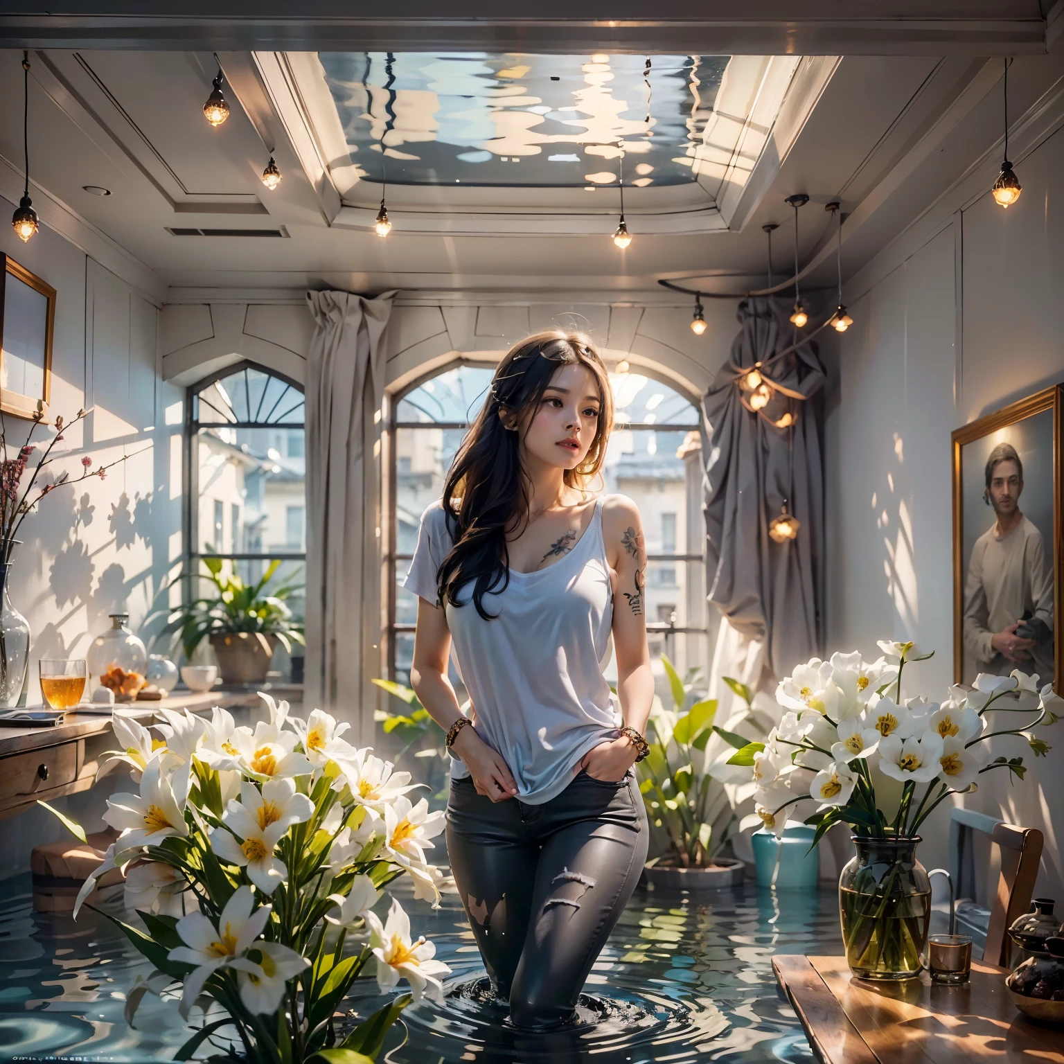 ((Masterpiece, Best quality:1.3), (ultra detail:1.3), 1 guy, Alone, (dark hair, shoulder-length, long hair), (on a strong body, dark stylish T-shirt, strong arms, bracelets, and tattoo, wearing tight dark pants), (rock star)). ((Calm look, relaxed pose, holds a lily flower in his hand.) (Stands at full height). (Modern interior, art deco, studio room, many flowers - lilieodern style, high ceilings)) . Best quality, (SURREALISM: 1.3)). (real flowers decorate the interior in simple glass vases on the floor), (the flowers are stunning looking). ((masterpiece: 1.2), (realism: 1.2), (Best quality), (special attention to details of the face, figure, colors, room elements: 1.3)). (Open window, exquisite design, mostly in light colors: white, blue, yellow, gold). (High light ceiling).((Realistic 3D visualization, super detail, ray tracing, flooded sunlight, contrasting shadows - cool tones, warm soft light)). Modern style (modern), (High-Tech), (surrealism: 1.3), Excellent, high quality. Hand-drawn realism.