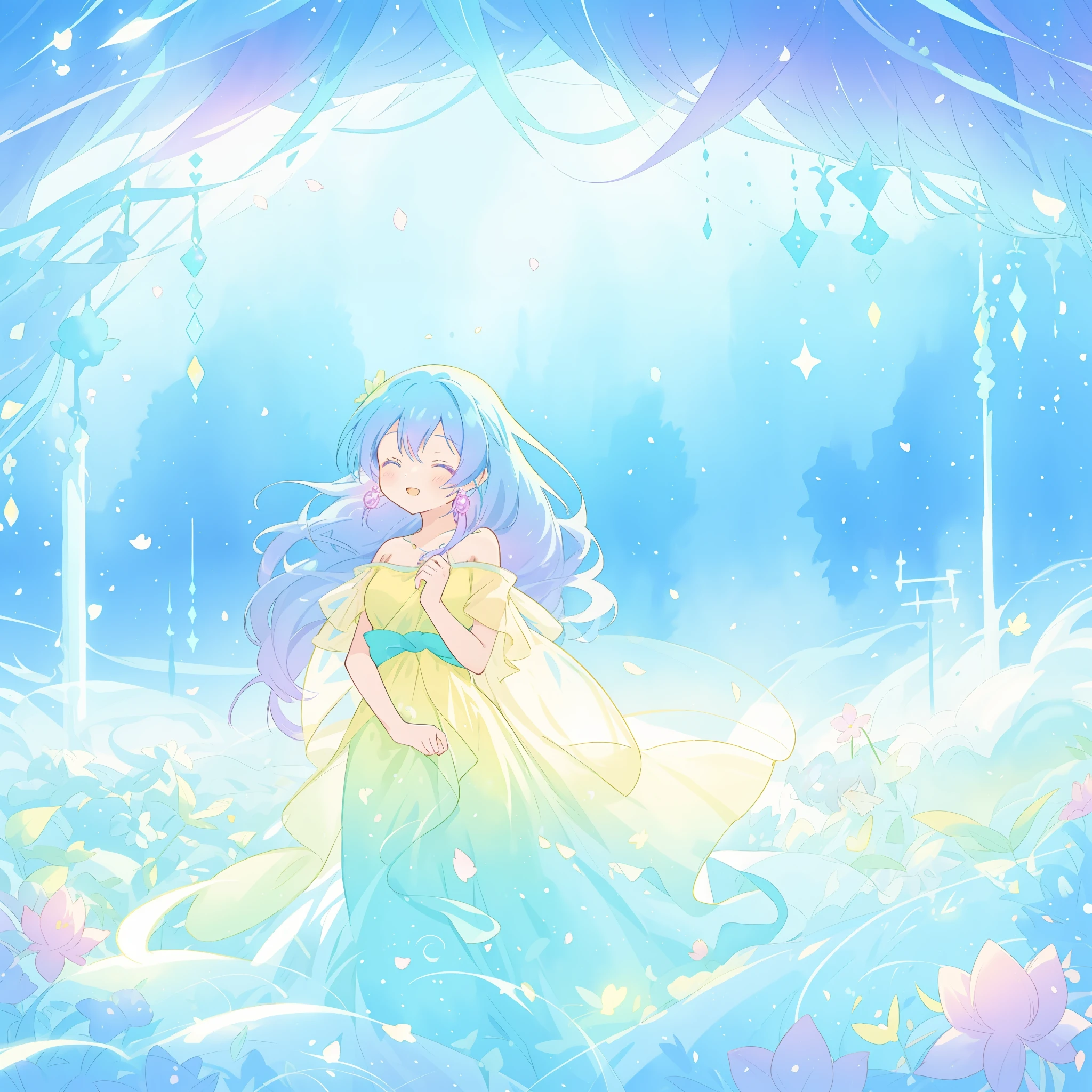 beautiful girl in yellow mint gradient flowing dress, long flowing blue purple hair, colorful fantasia background, watercolor illustration, disney art style, glowing aura around her, glowing lights, beautiful digital illustration, fantasia otherworldly landscape plants flowers, beautiful, masterpiece, best quality, anime disney style