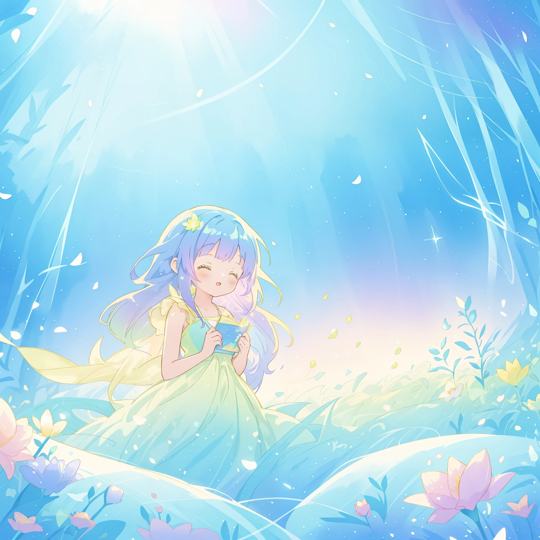 beautiful girl in yellow mint gradient flowing dress, long flowing blue purple hair, colorful fantasia background, watercolor illustration, disney art style, glowing aura around her, glowing lights, beautiful digital illustration, fantasia otherworldly landscape plants flowers, beautiful, masterpiece, best quality, anime disney style