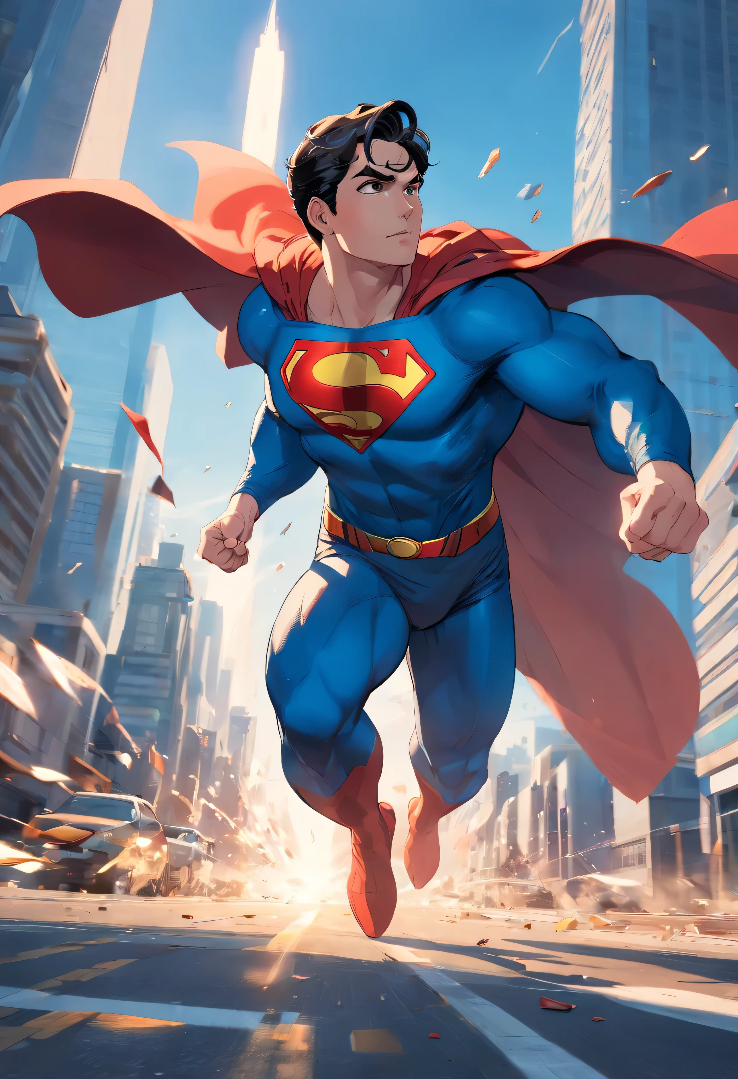 Superman in action, 1boy, mcu, best entrence pose, ultra detail, 8k, photo-realistic, octane render, unreal engine, ultra-realistic